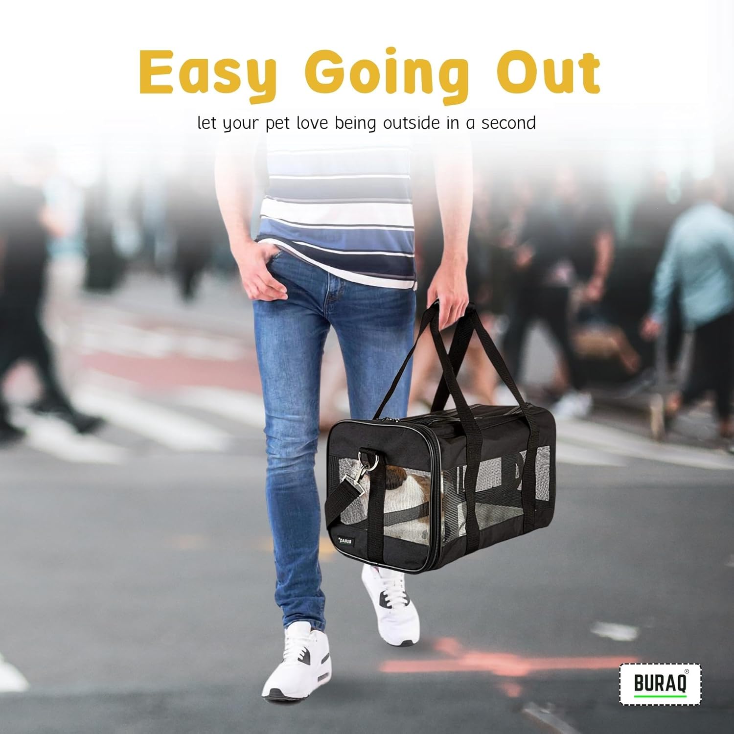 Buraq Soft - Sided Mesh Pet Carrier Bag - for Travel, Hiking, Designed with Breathable Space, Ventilated, Airline - Approved, Sturdy Pad for Puppies & Cats (Black, Soft - Sided Carrier) - BURAQ PETS