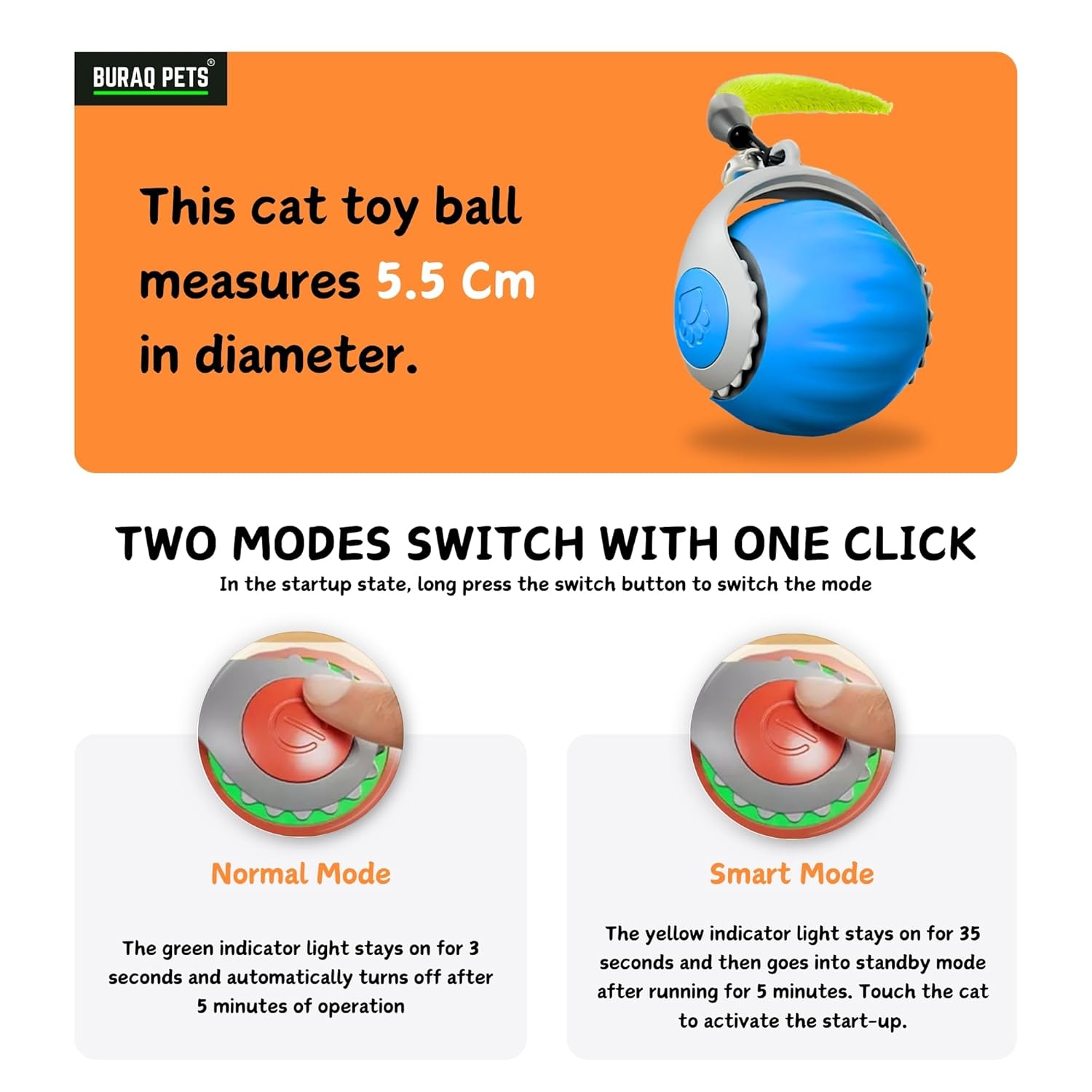 BURAQ Speedy Smart Gravity 360° Self Roller Ball, Automatic Interactive Cat Toys, Automatic Rolling Kitten Toys with Type - C Charge - BURAQ PETS