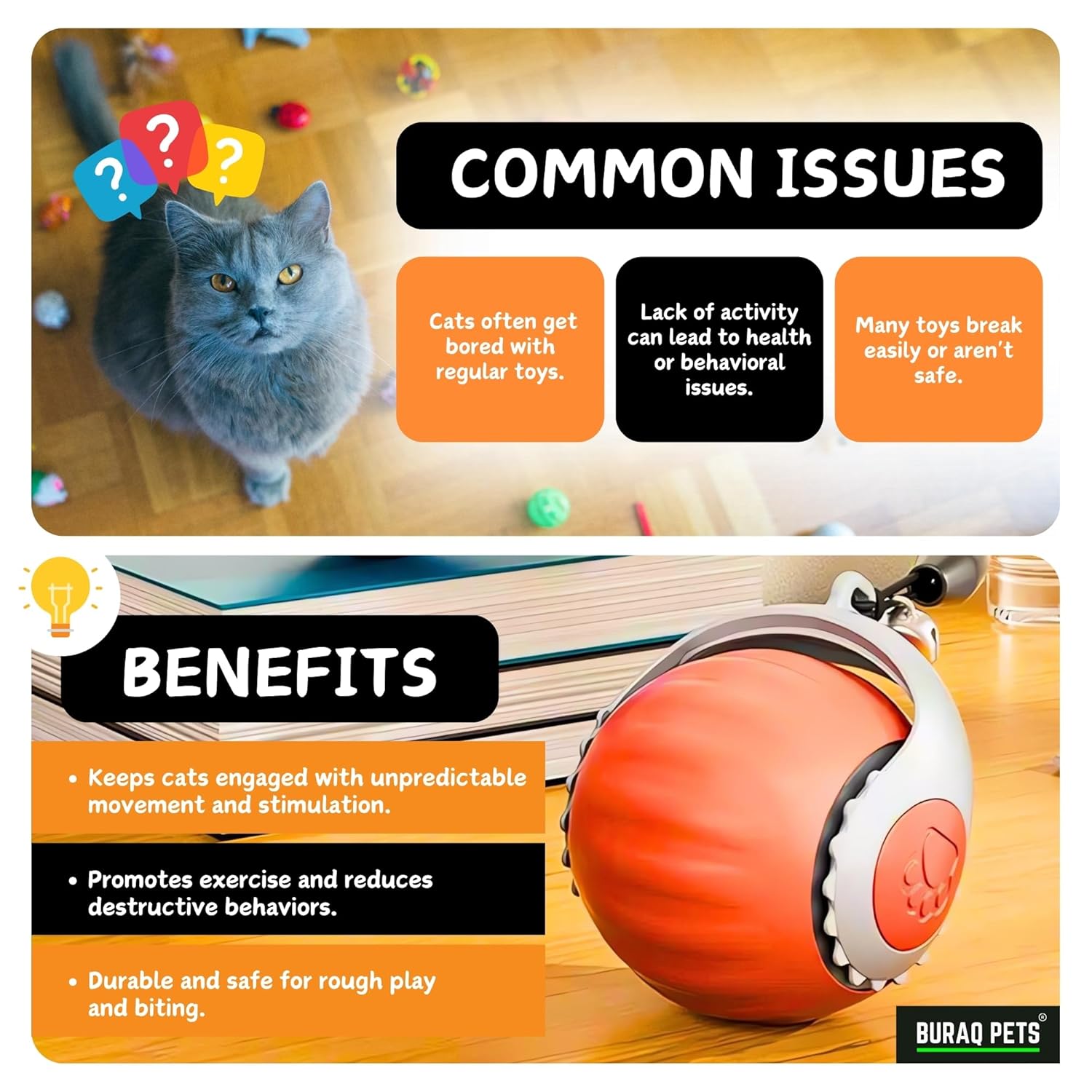 BURAQ Speedy Smart Gravity 360° Self Roller Ball, Automatic Interactive Cat Toys, Automatic Rolling Kitten Toys with Type - C Charge - BURAQ PETS