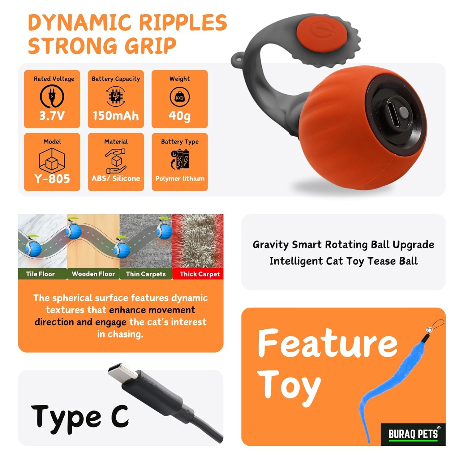BURAQ Speedy Smart Gravity 360° Self Roller Ball, Automatic Interactive Cat Toys, Automatic Rolling Kitten Toys with Type - C Charge - BURAQ PETS