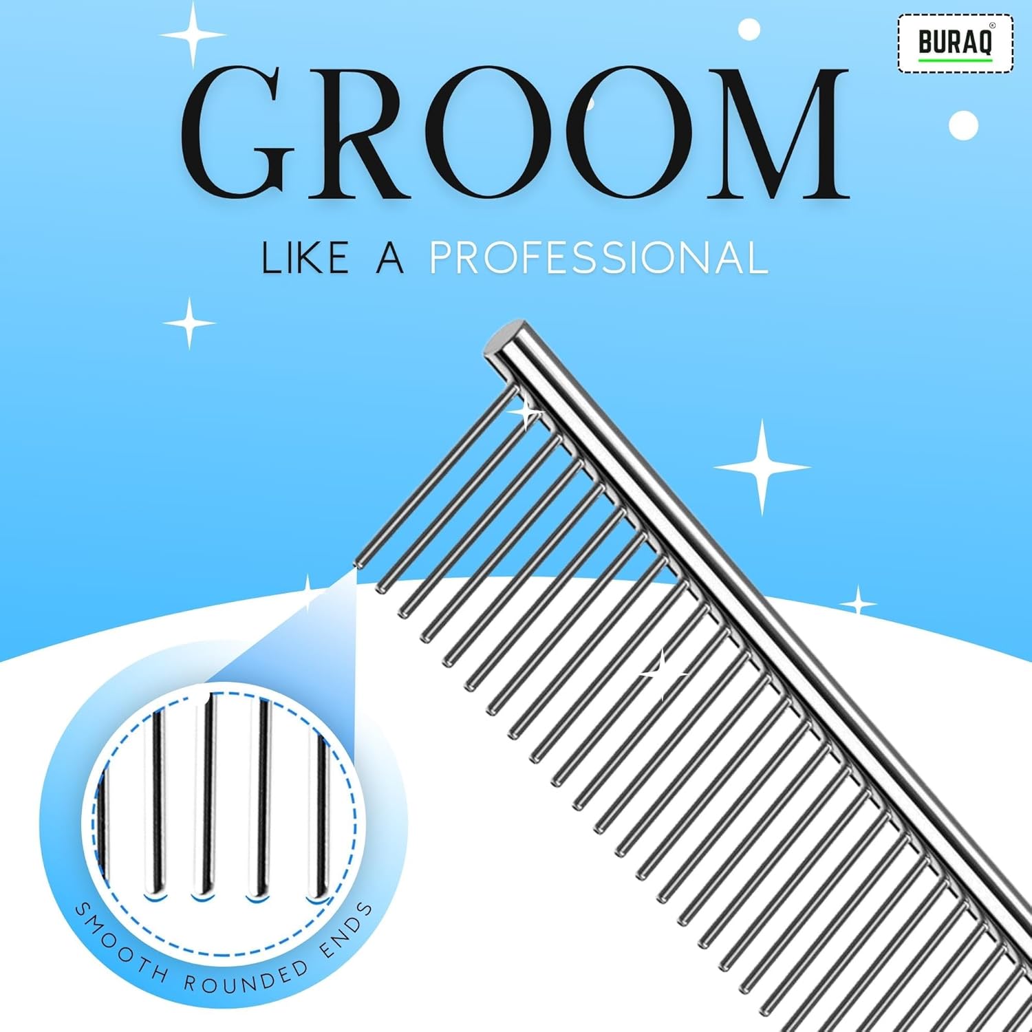 Buraq Stainless Steel Dematting Grooming Comb for Dogs and Cats Gently Removes Loose Undercoat, Mats, Tangles & Knots (Dematting Grooming Comb, 7 Inch) - BURAQ PETS
