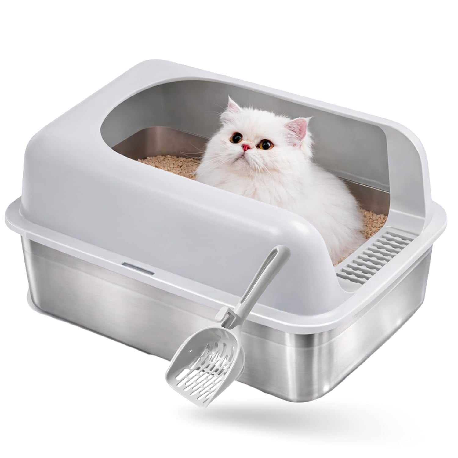 Cat Litter Box with Scoop | Open Top Stainless Steel & Anti-Odor Tray for Adult Cats & Kittens - premium pet product by Buraq Pets