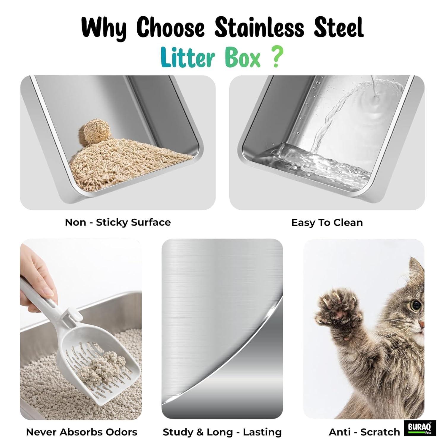 Cat Litter Box with Scoop | Open Top Stainless Steel & Anti-Odor Tray for Adult Cats & Kittens - premium pet product by Buraq Pets