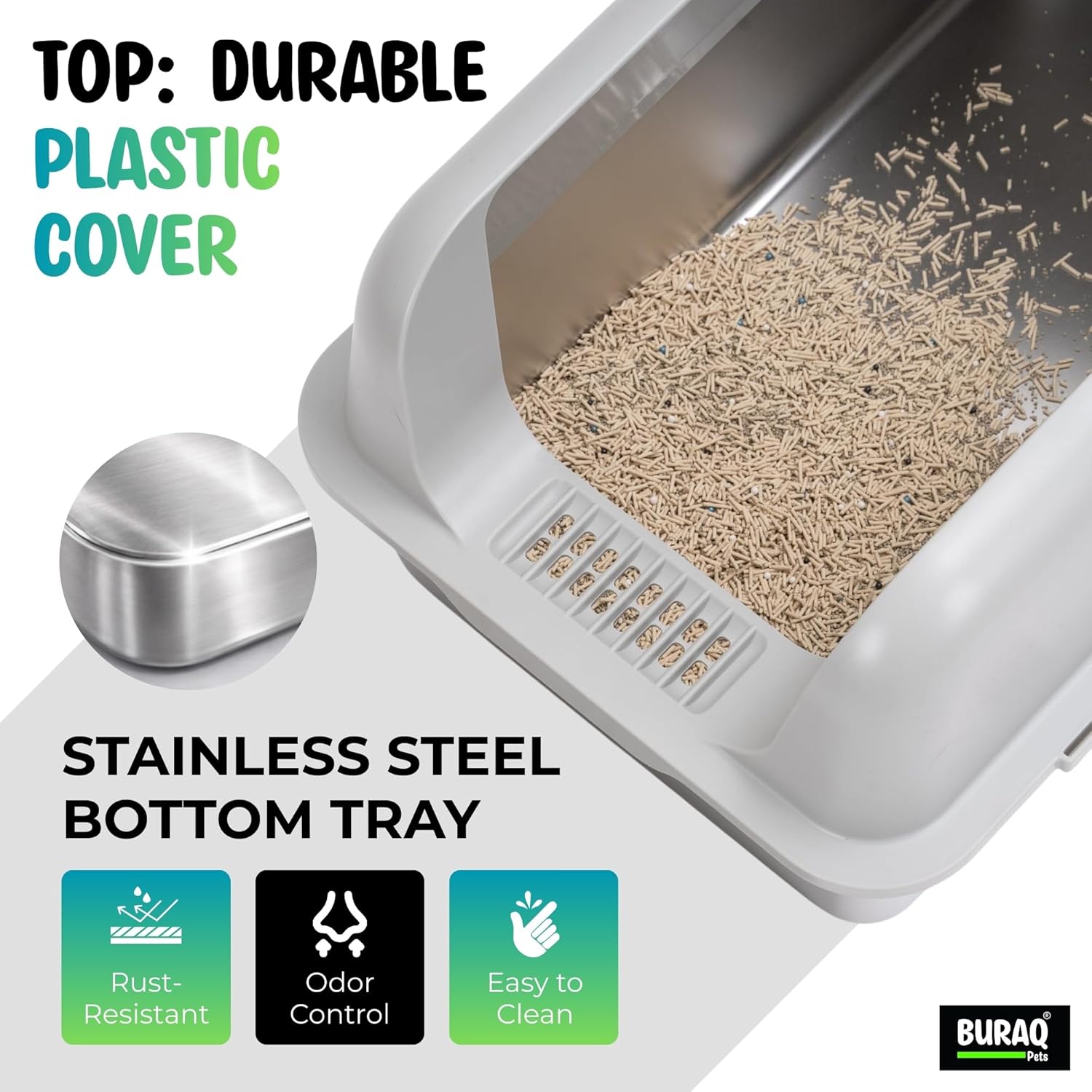 Cat Litter Box with Scoop | Open Top Stainless Steel & Anti-Odor Tray for Adult Cats & Kittens - premium pet product by Buraq Pets