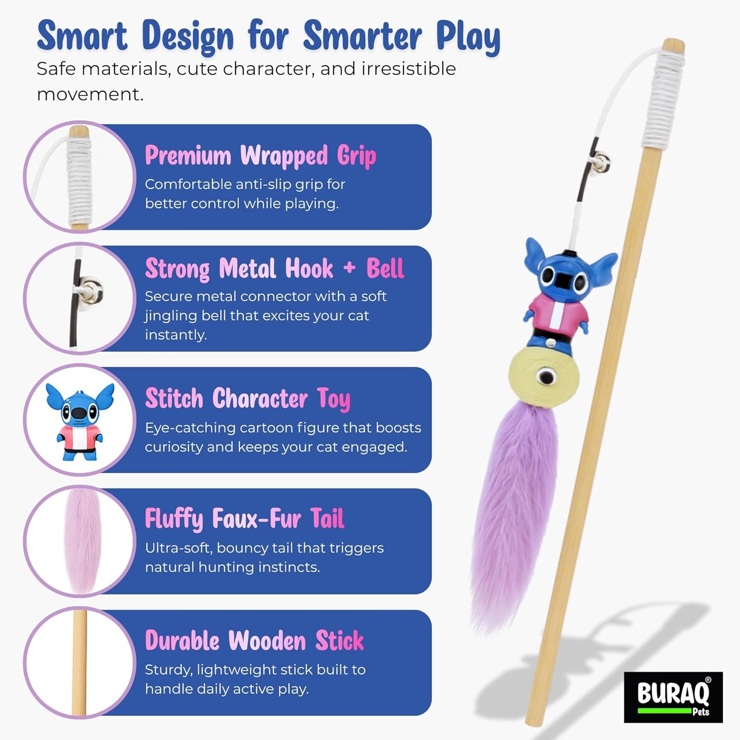Cat Teaser Wand Toy with Bell, Fur Tail & Cartoon Figure - BURAQ PETS