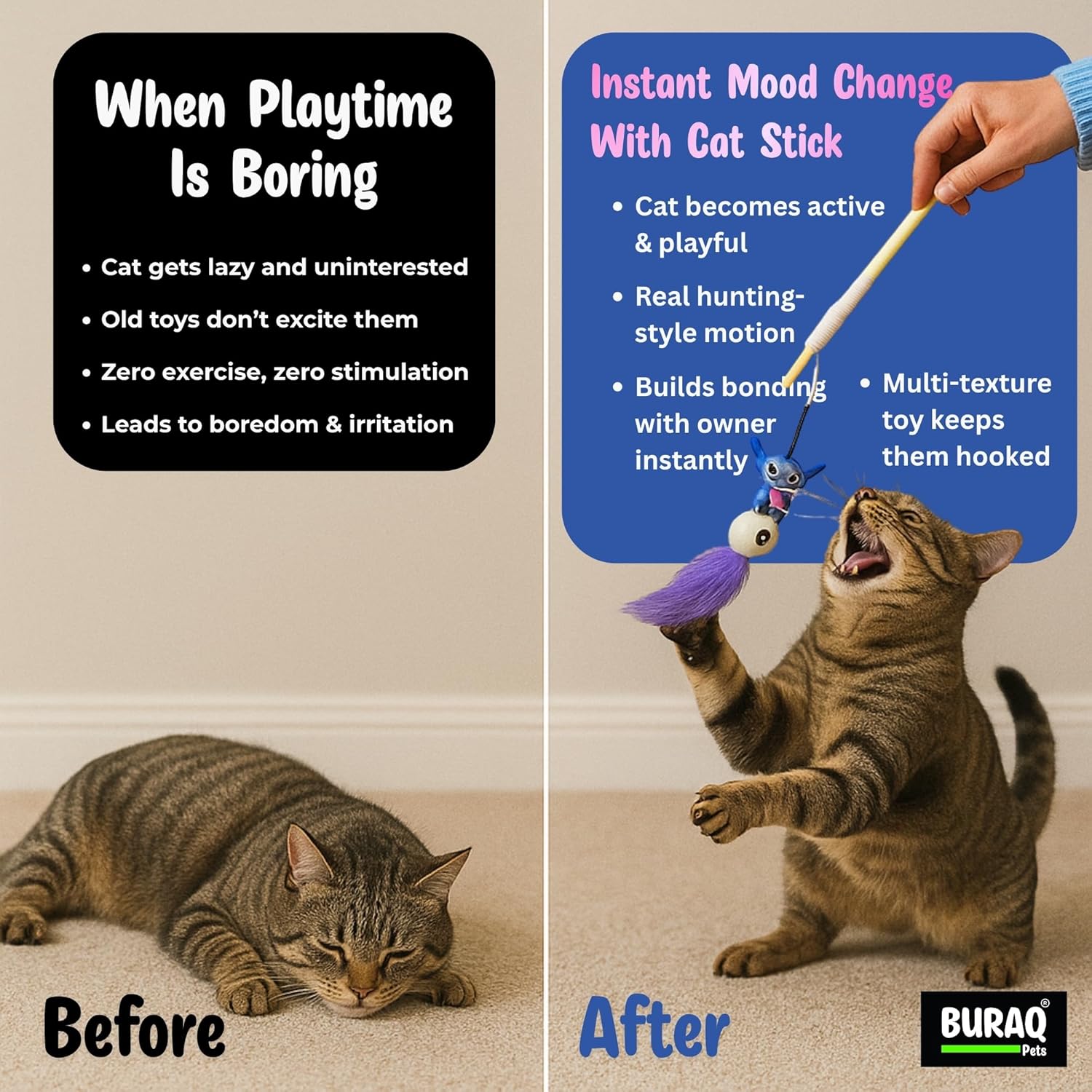 Cat Teaser Wand Toy with Bell, Fur Tail & Cartoon Figure - BURAQ PETS