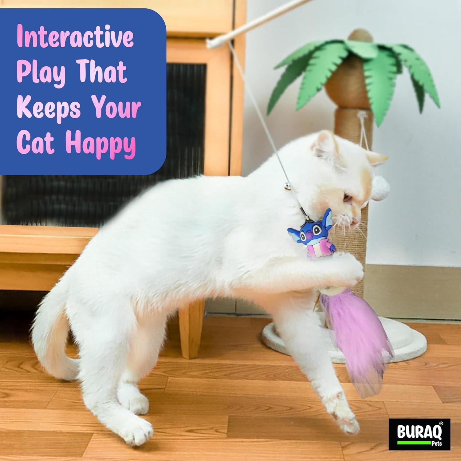 Cat Teaser Wand Toy with Bell, Fur Tail & Cartoon Figure - BURAQ PETS