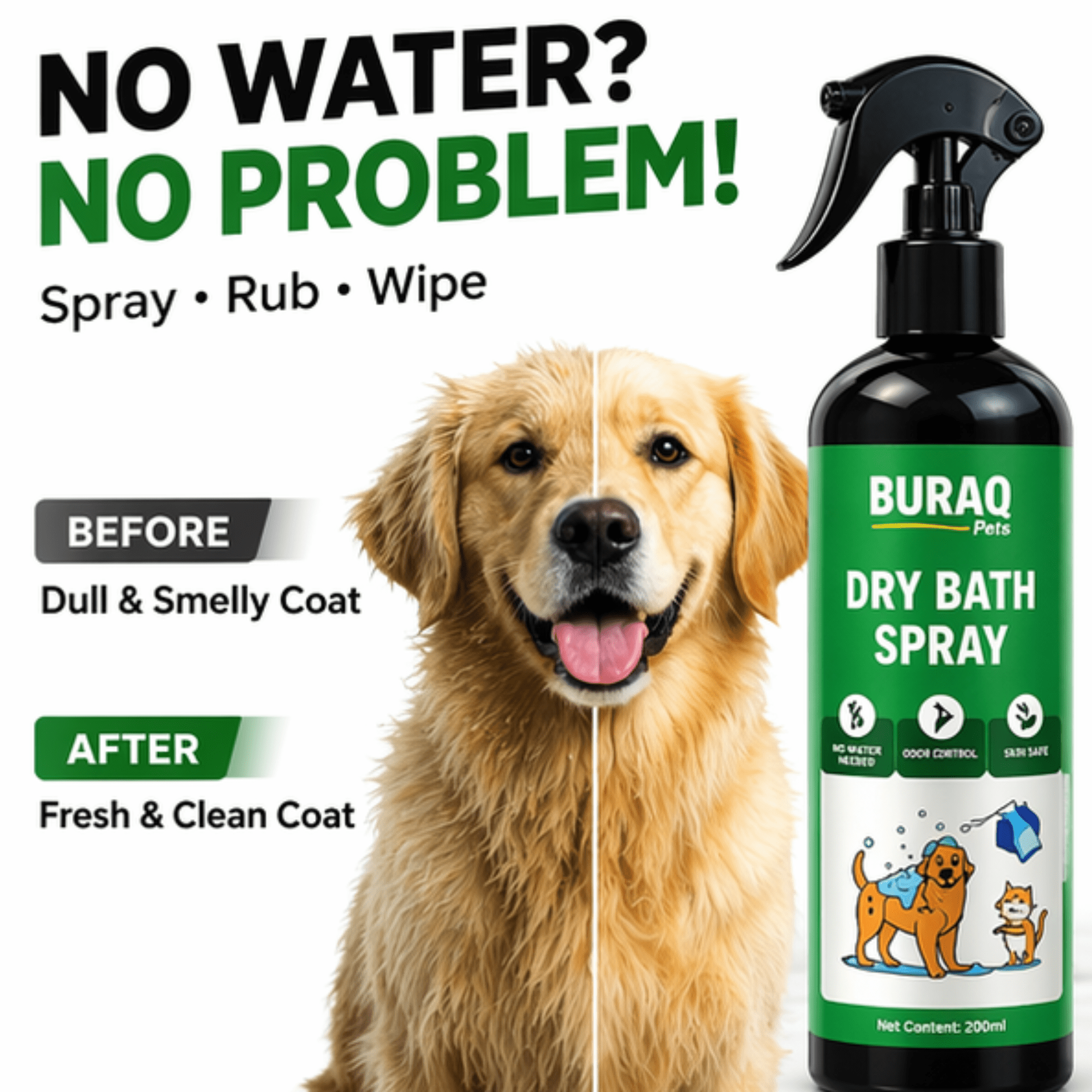 Dry Bath Spray for Dogs & Cats – Quick Grooming - BURAQ PETS