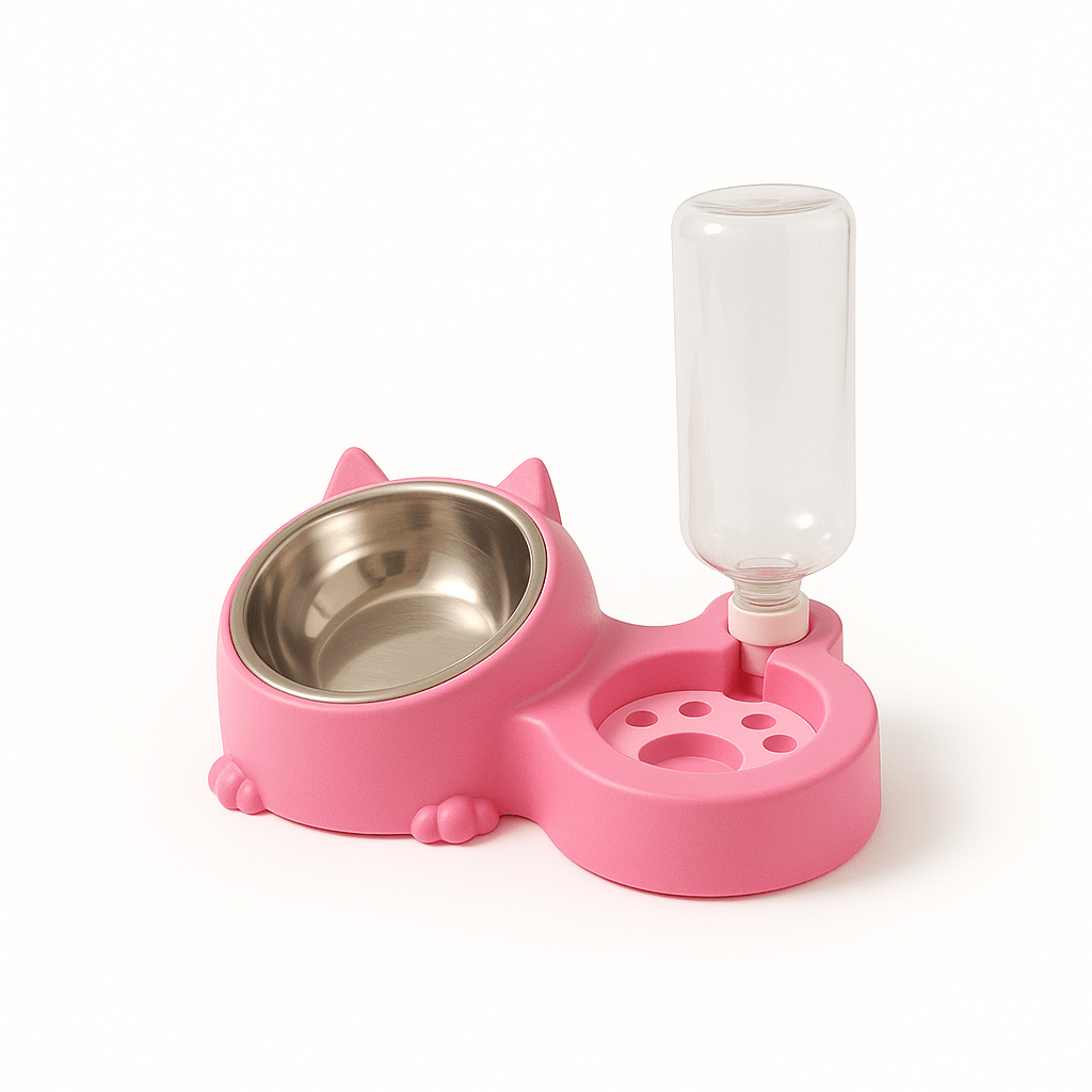 Dual Pet Bowl with Automatic Water Dispenser – Cute Cat Design - BURAQ PETS