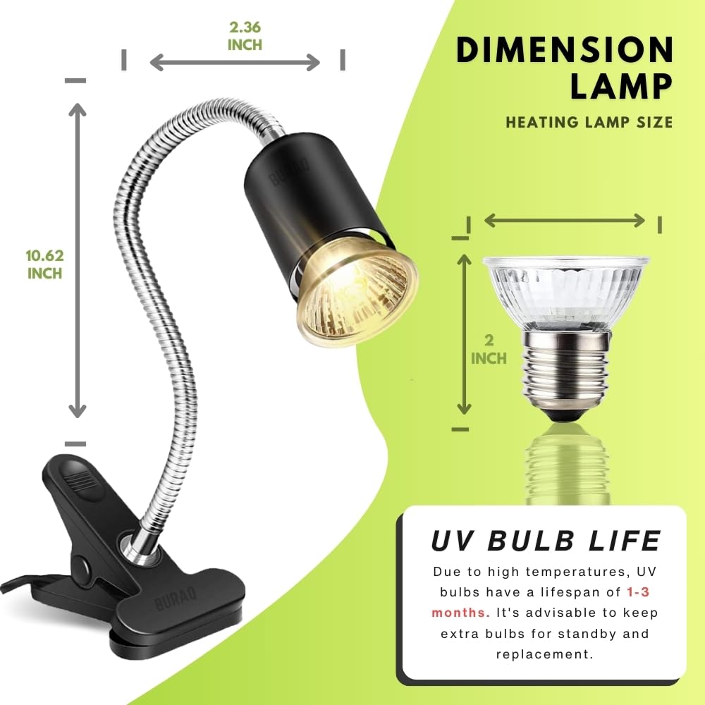 E27 Base Flexible Holder + 2 UV Bulbs , 360° Rotatable & Adjustable Reptile Lamp - BURAQ PETS