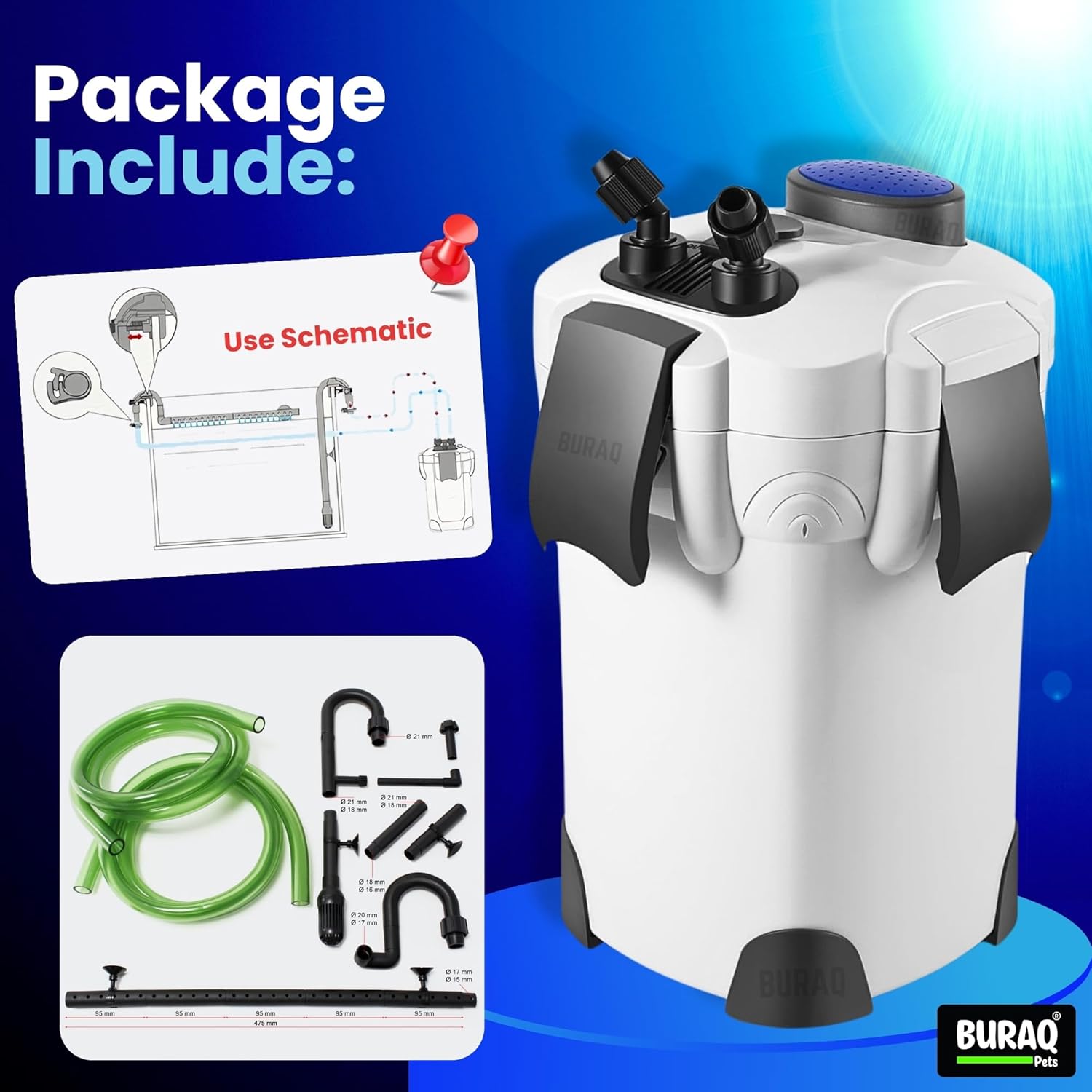 External Canister Aquarium Filter – Quiet & Powerful for 2.5–4 FT Tanks - BURAQ PETS