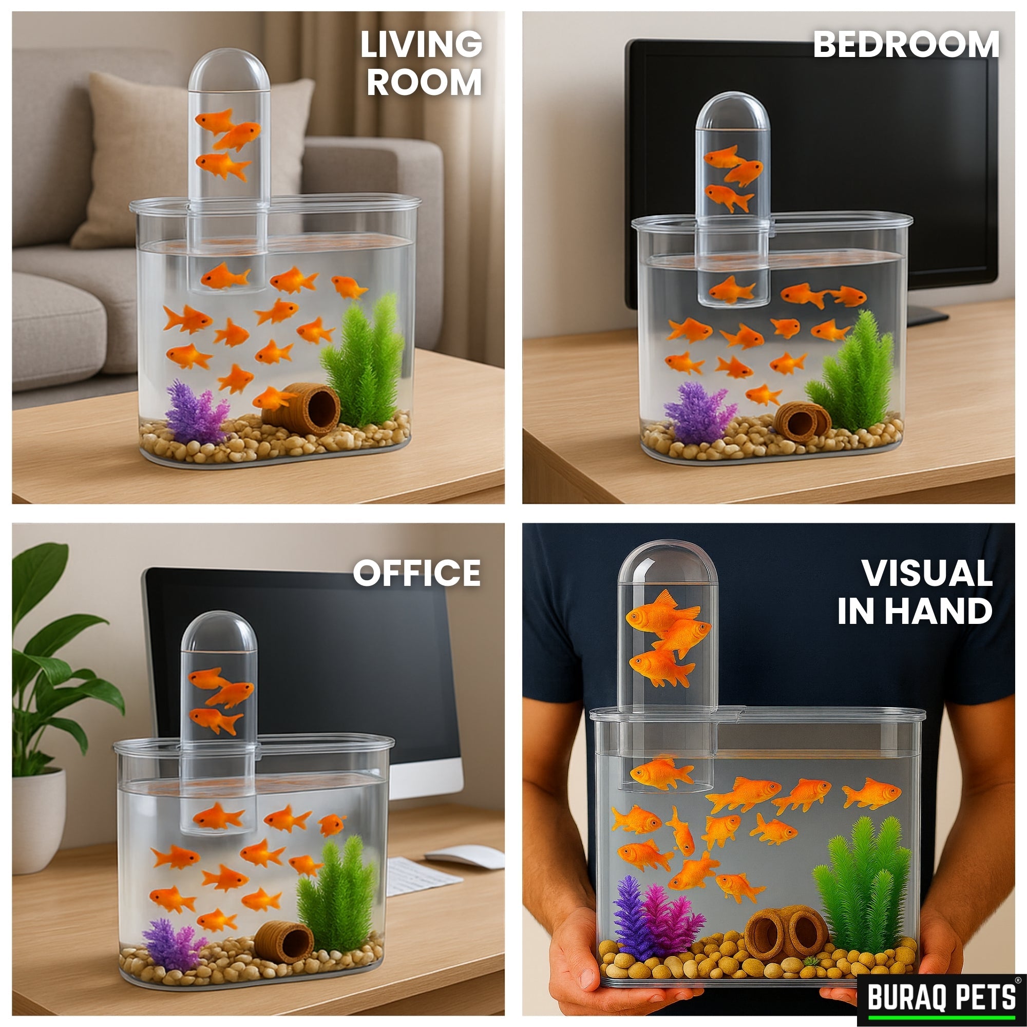 Floating Acrylic Fish Tank – WRGB LED & Hang - On Filter for Desks - BURAQ PETS