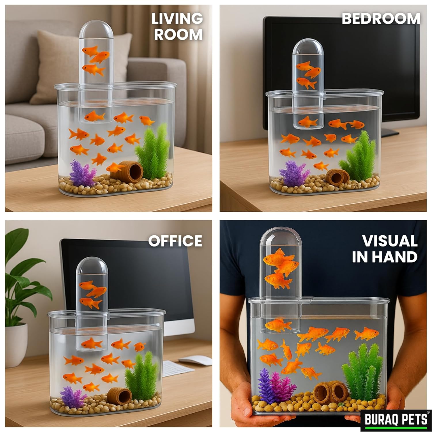 Floating Acrylic Fish Tank – WRGB LED & Hang - On Filter for Desks - BURAQ PETS