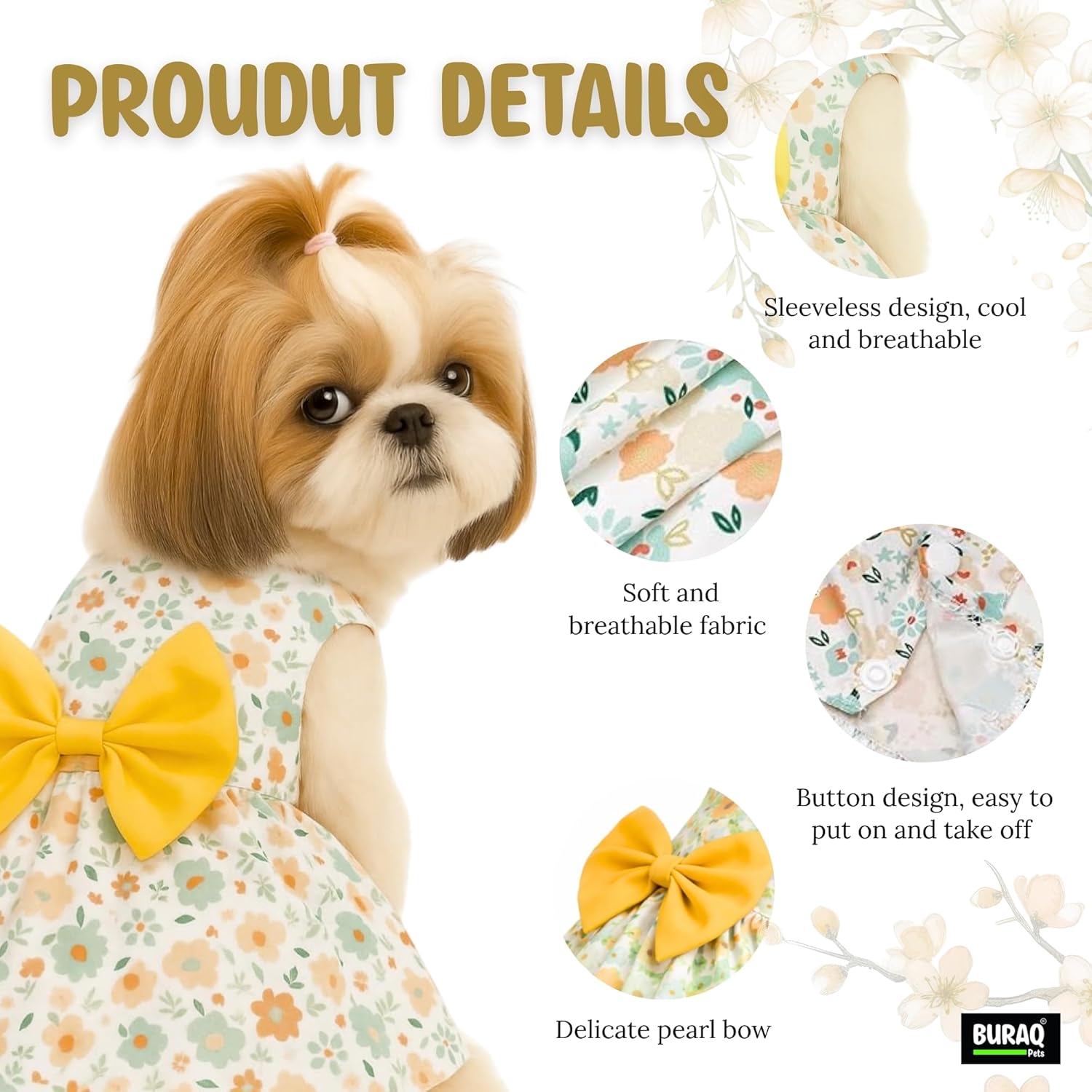 Floral Dog Dress with Bow, Soft & Cute Puppy Clothes for Small Dogs & Cats - premium pet product by Buraq Pets
