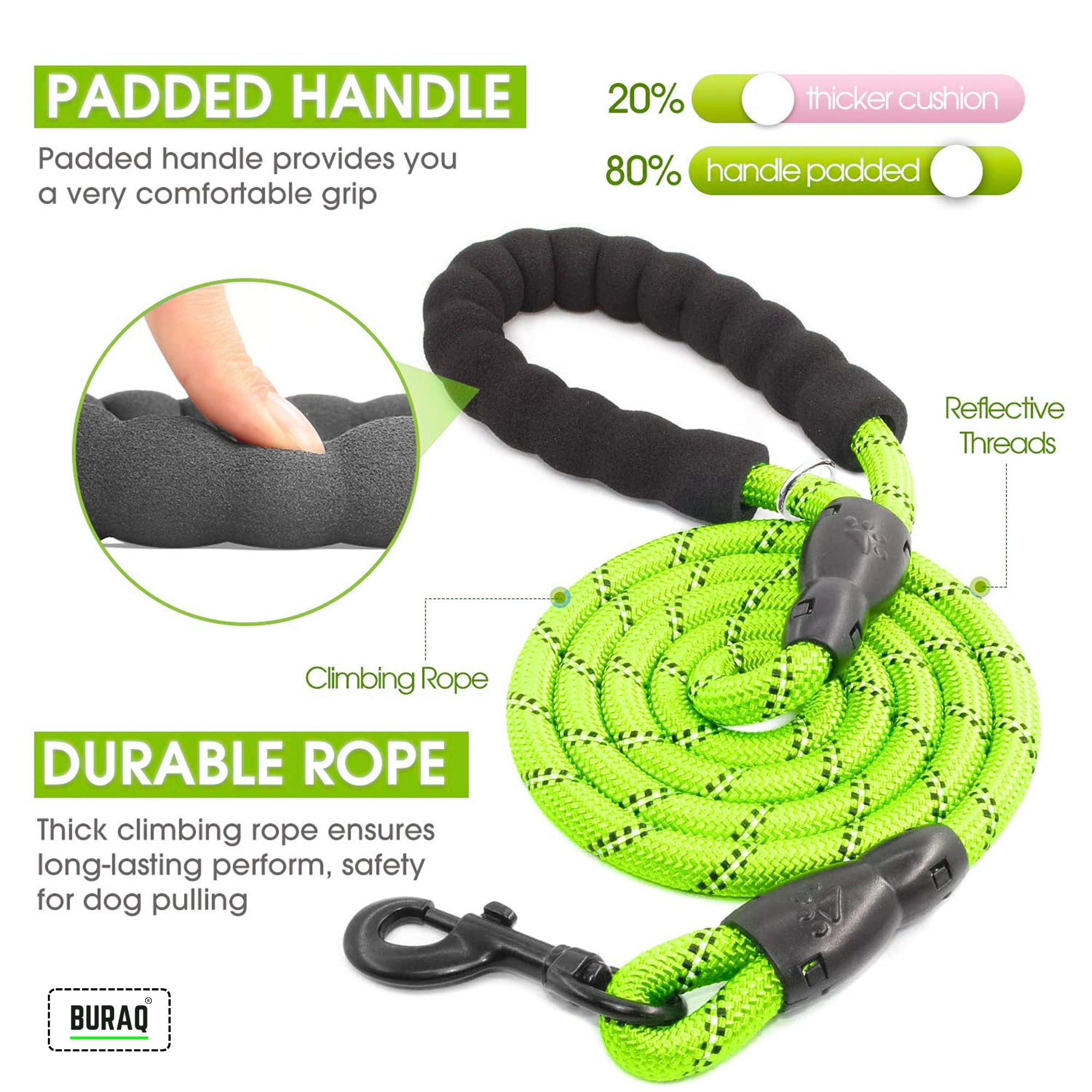 Heavy Duty Dog Leash – Reflective Rope with Padded Grip - BURAQ PETS