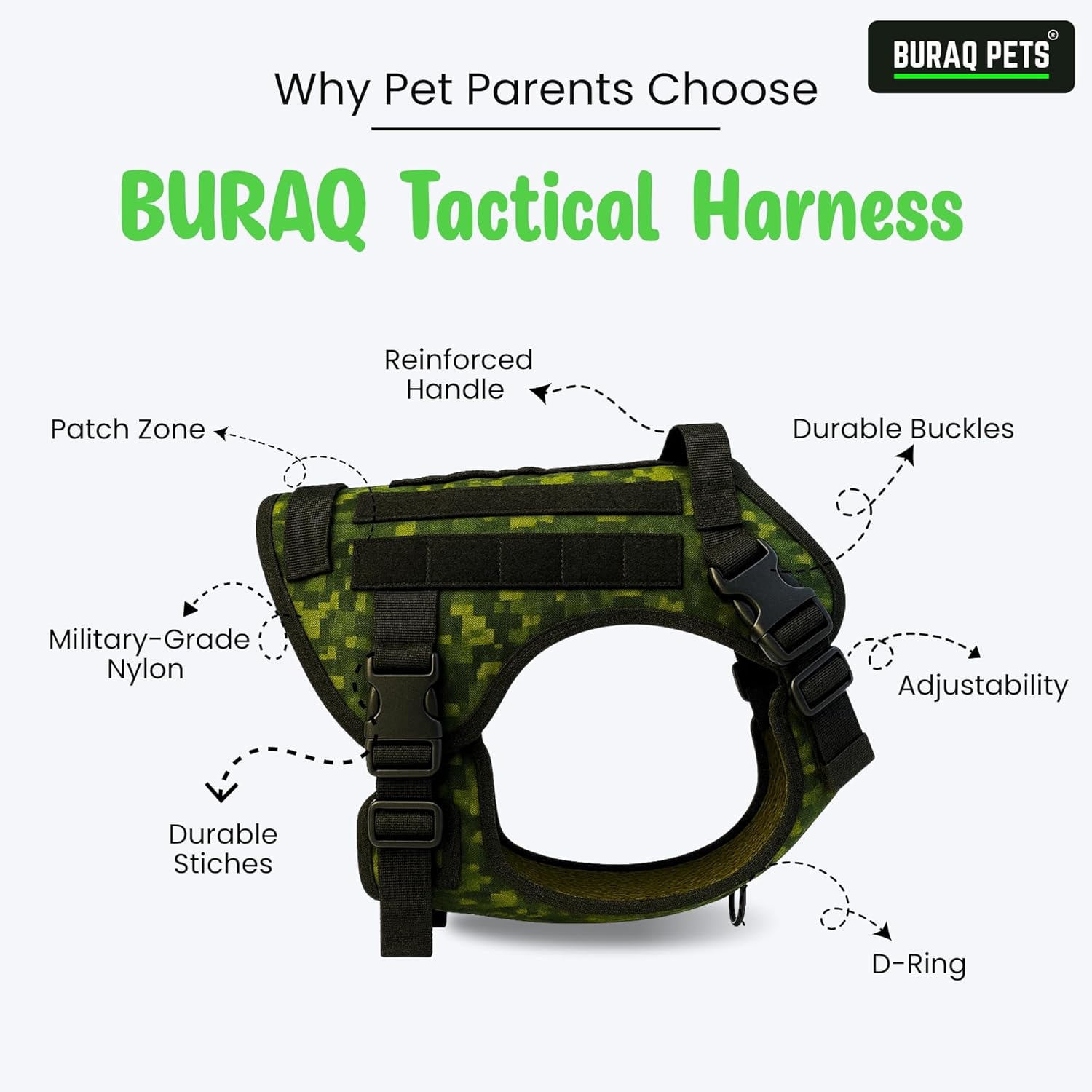 Military Tactical Dog Harness – Heavy - Duty Adjustable Vest for Training, Hiking & Patrol - BURAQ PETS