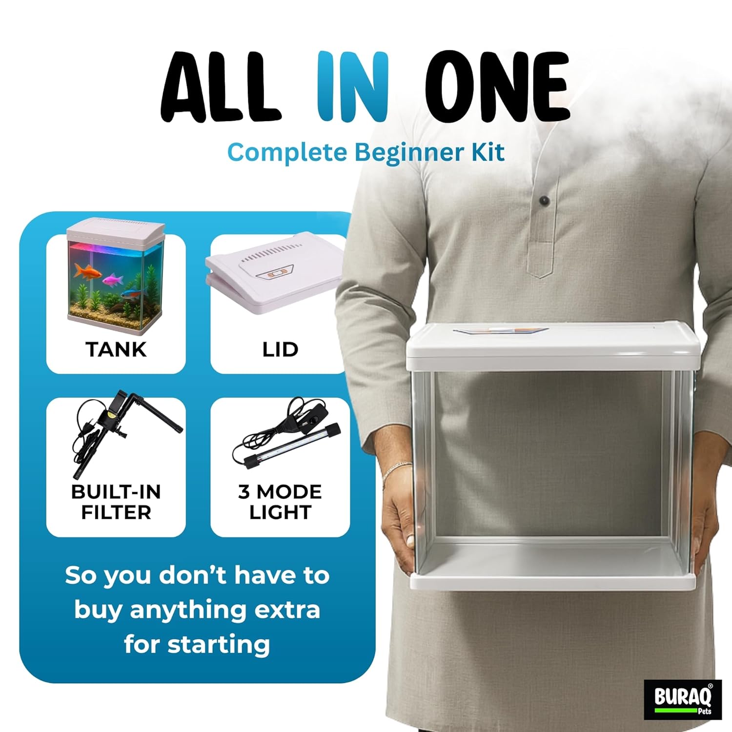 Mini 12L Aquarium Fish Tank – Moulded Design with Filter, LED Light & Lid - BURAQ PETS