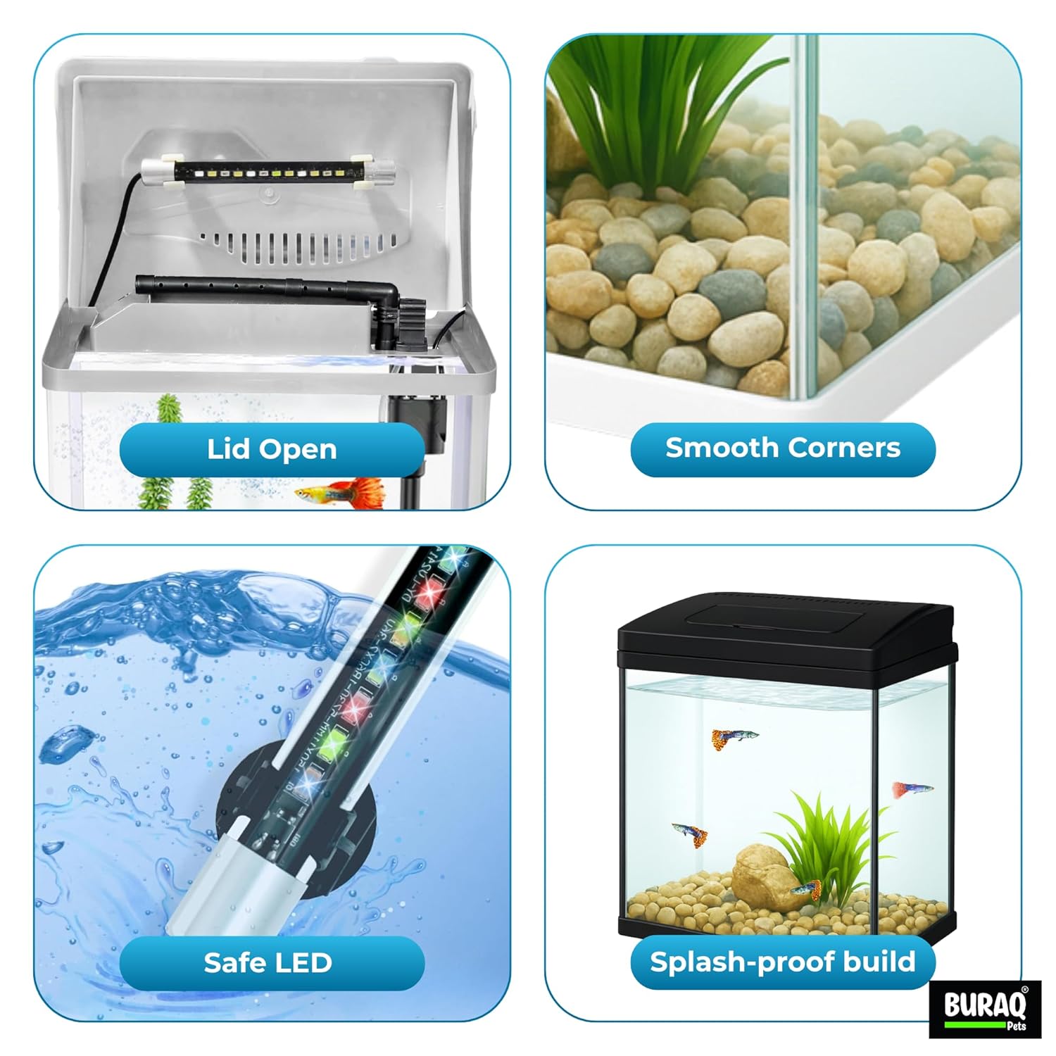 Mini 7L Aquarium Fish Tank – Moulded Design with Filter, LED Light & Lid - BURAQ PETS