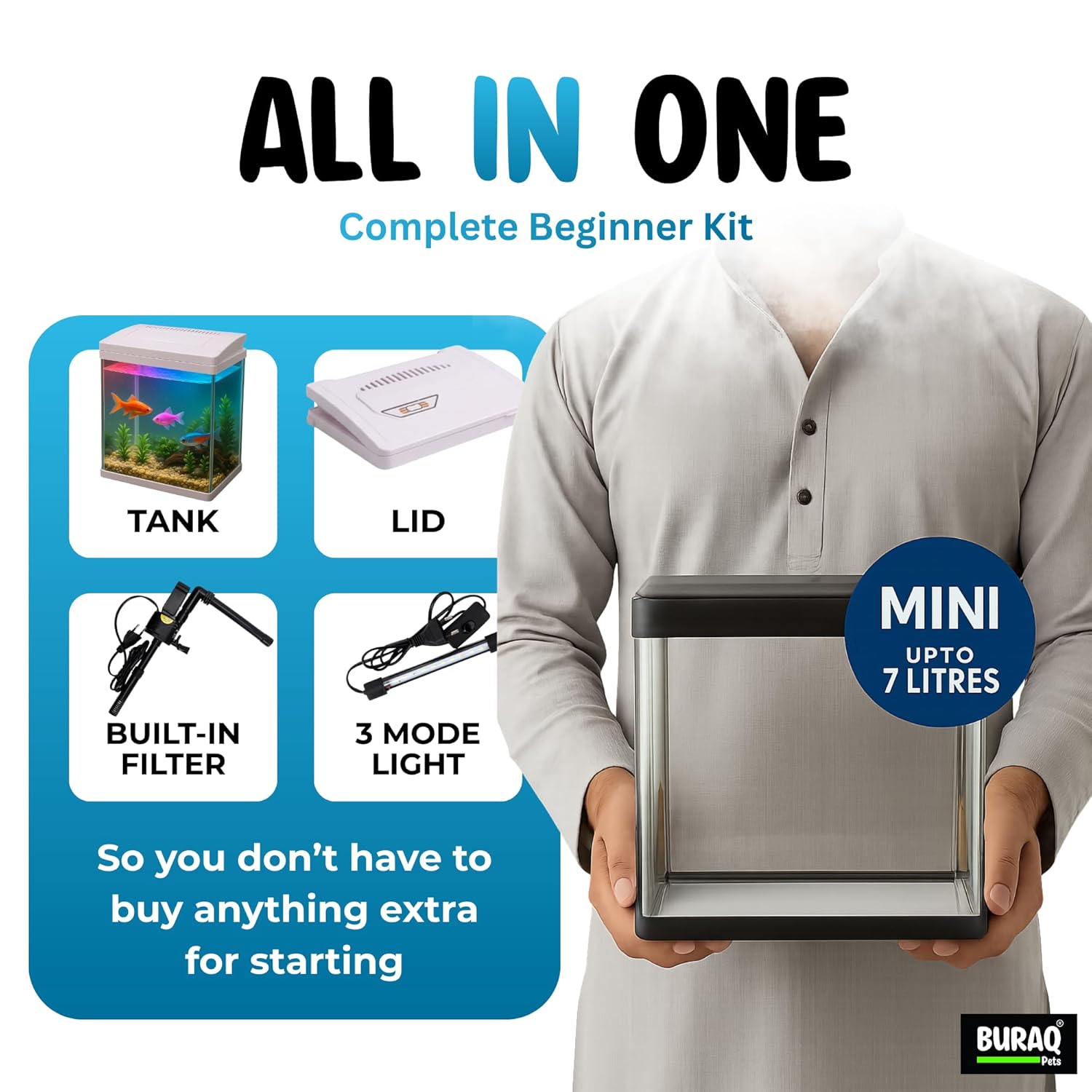 Mini 7L Aquarium Fish Tank – Moulded Design with Filter, LED Light & Lid - BURAQ PETS