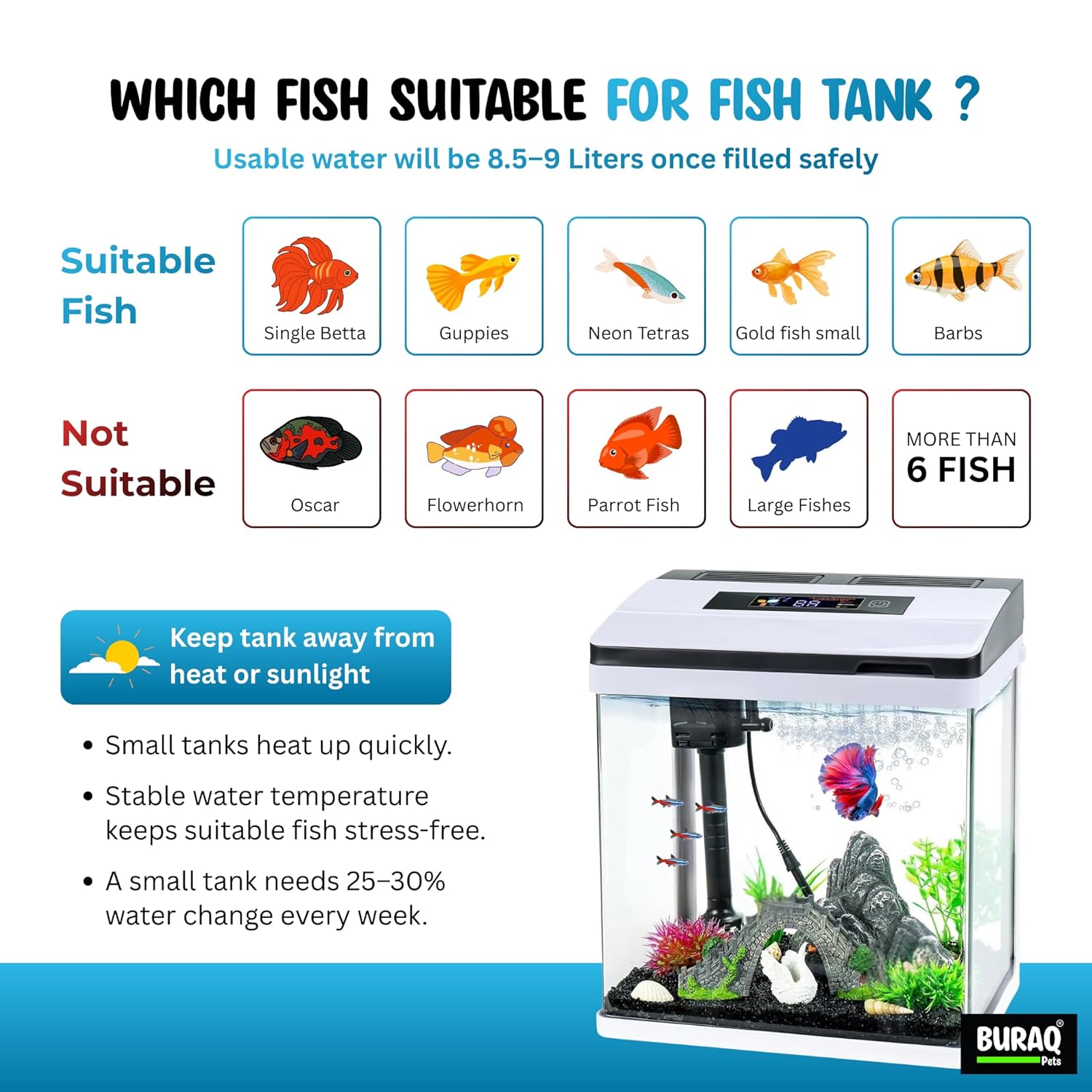 Mini Digital Aquarium Fish Tank 9L – Smart Touch LED, 7 Color Lights, Temp Display & Built - in Filter - BURAQ PETS