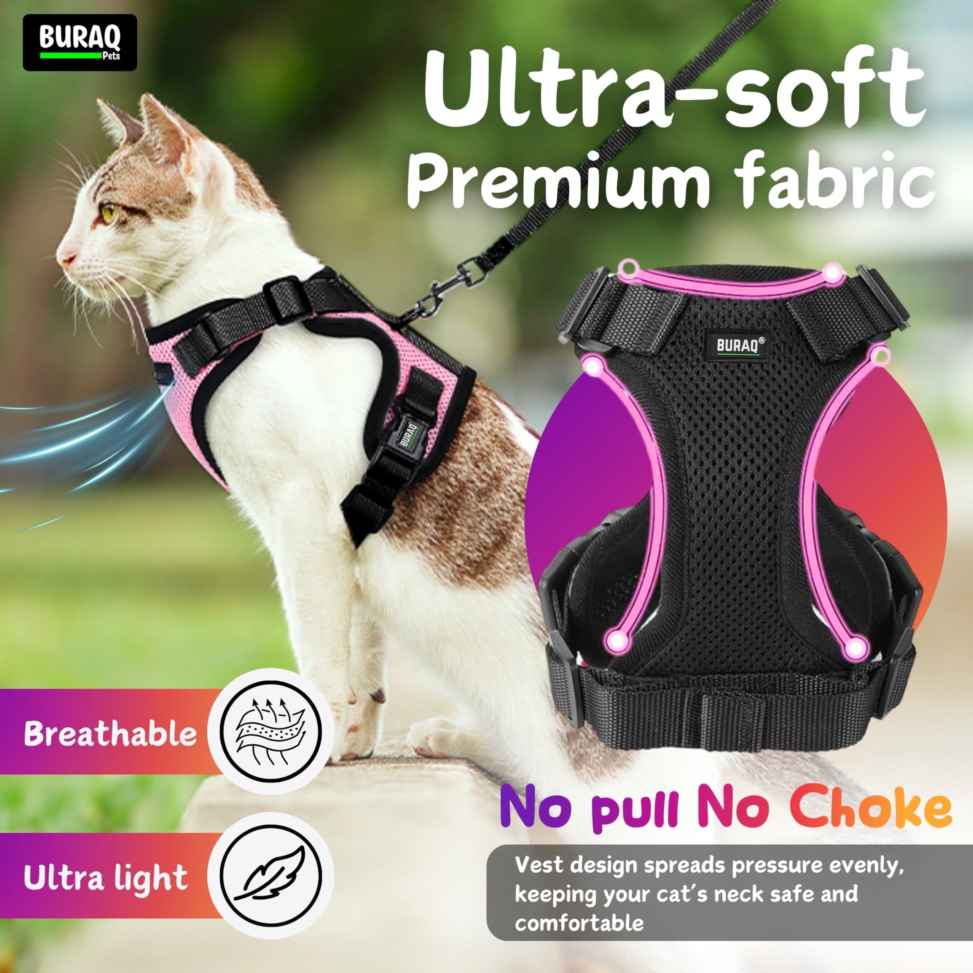No Pull Cat Harness with Leash – Ultra - Light & Stylish Design - BURAQ PETS