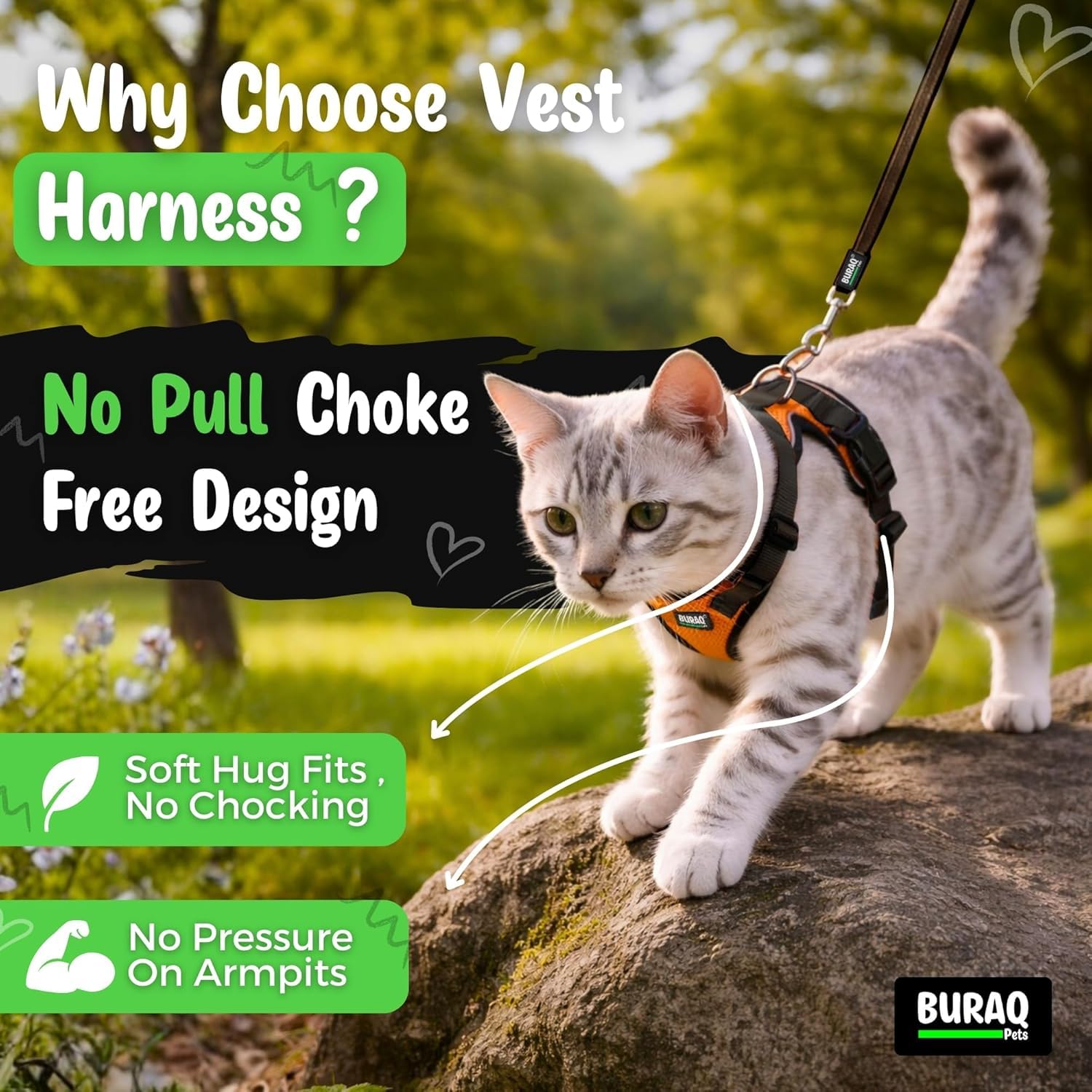 No Pull Escape Proof Cat Harness with Leash + 2 Pcs Cat Collar - BURAQ PETS