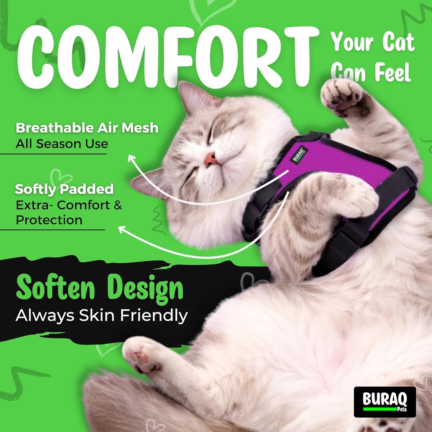 No Pull Escape Proof Cat Harness with Leash + 2 Pcs Cat Collar - BURAQ PETS