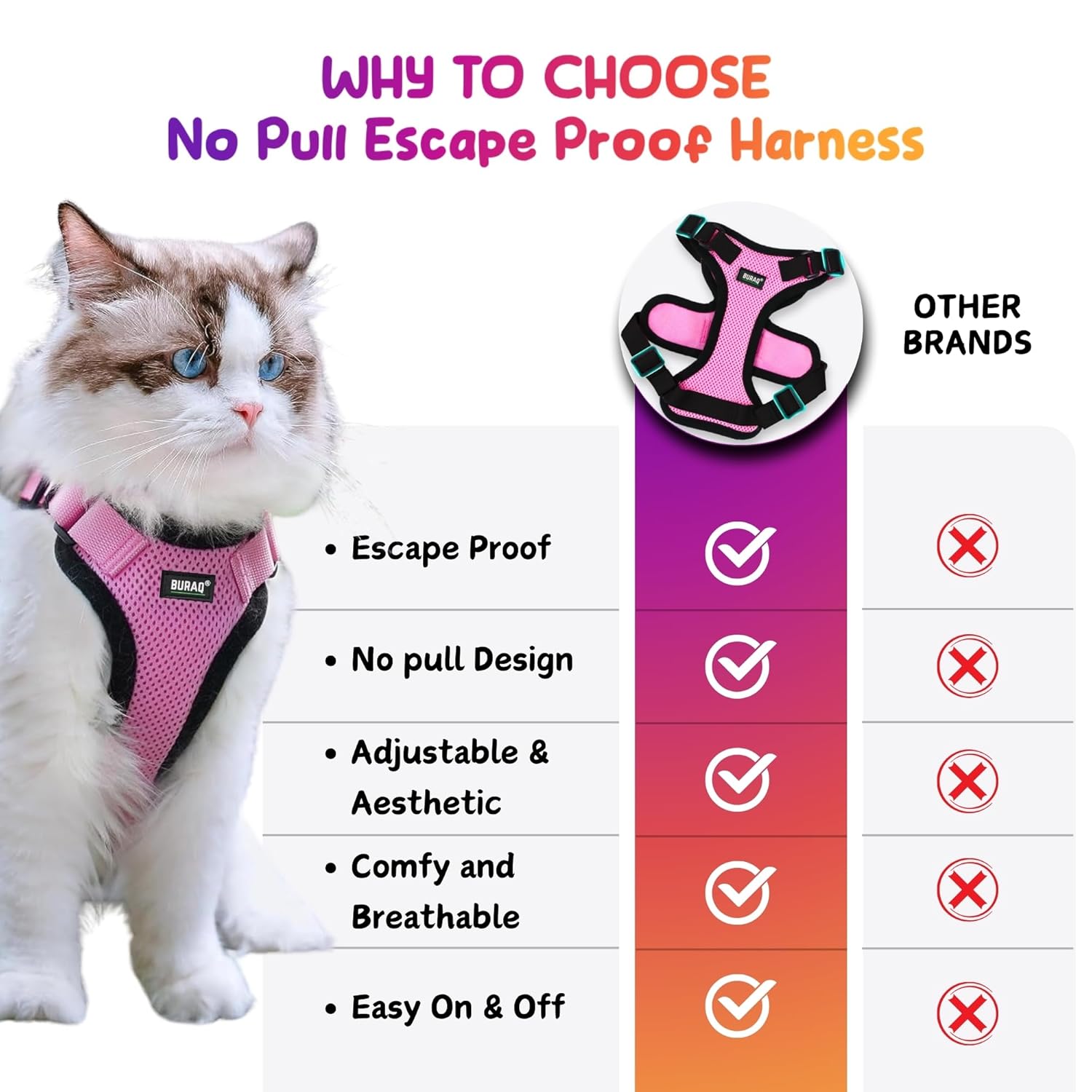 No Pull Escape Proof Cat Harness with Leash - Ultra - Light & Aesthetic Design - BURAQ PETS