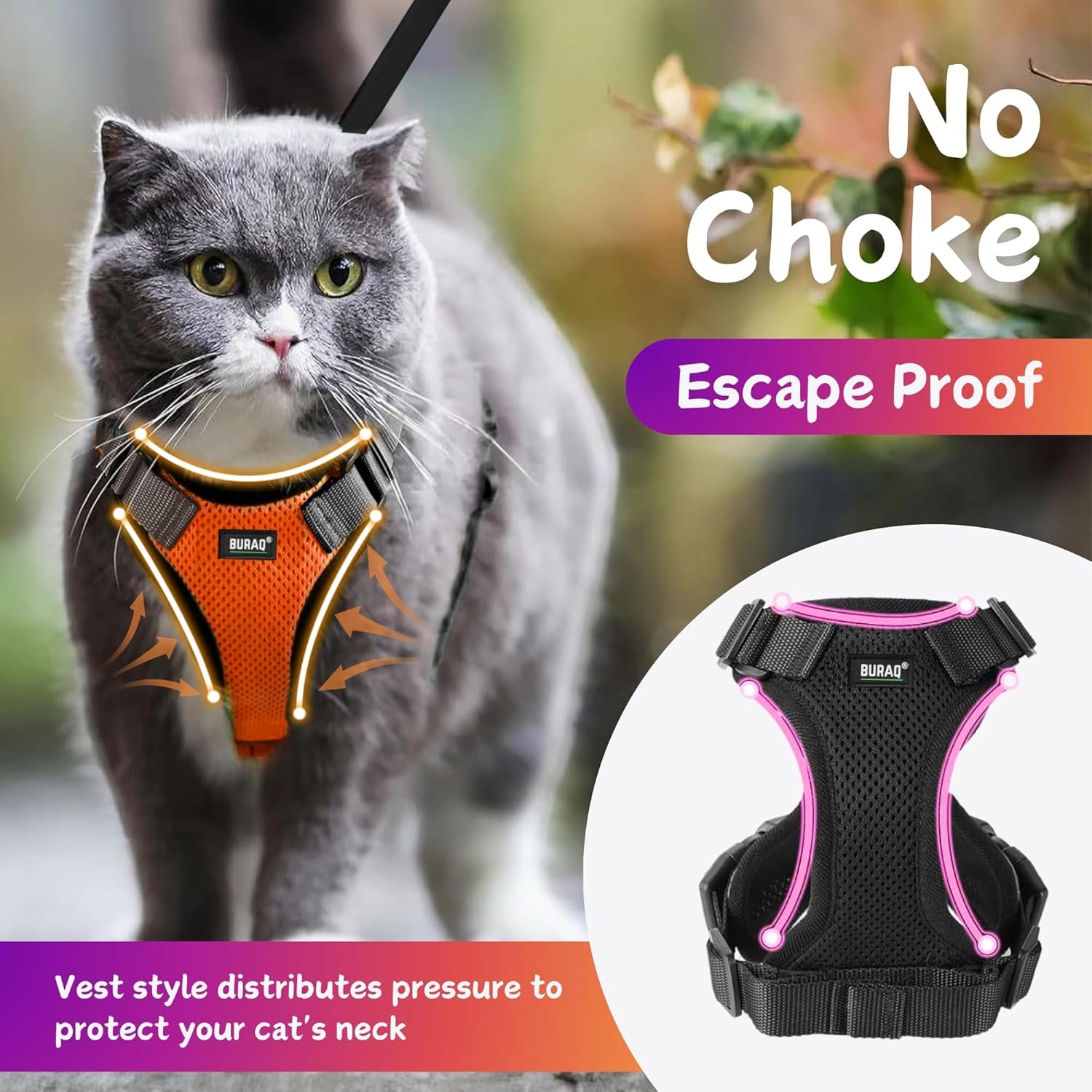 No Pull Escape Proof Cat Harness with Leash - Ultra - Light & Aesthetic Design - BURAQ PETS