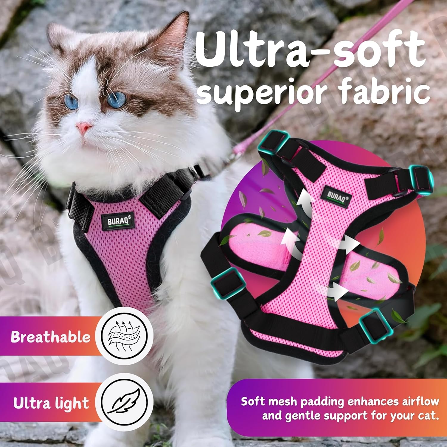 No Pull Escape Proof Cat Harness with Leash - Ultra - Light & Aesthetic Design - BURAQ PETS