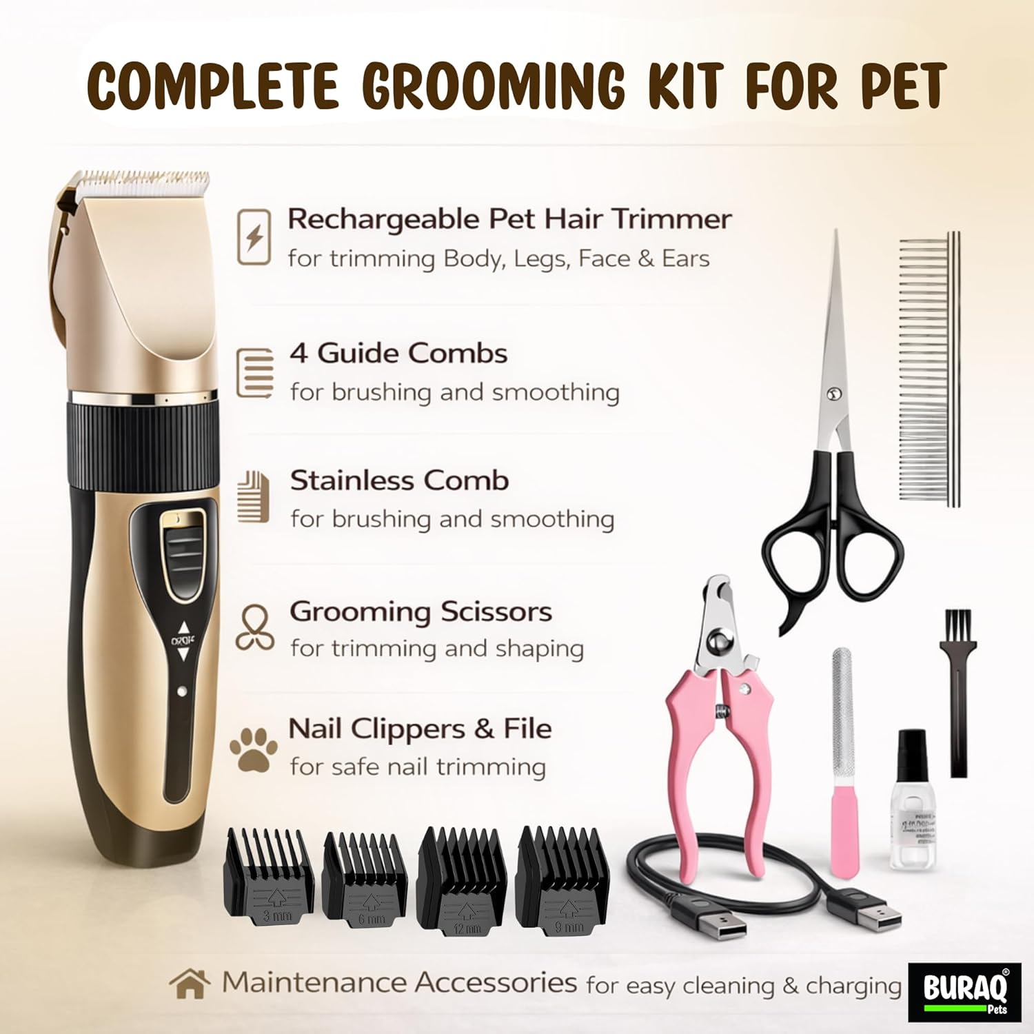 Pet Hair Trimmer for Dogs & Cats, Cordless Low Noise Grooming Kit - premium pet product by Buraq Pets