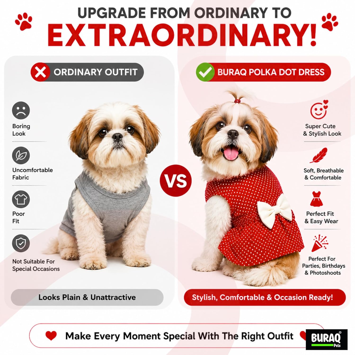 Polka Dot Pet Dress with Bow | Soft Cotton Velcro Fit for Dogs & Cats - BURAQ PETS