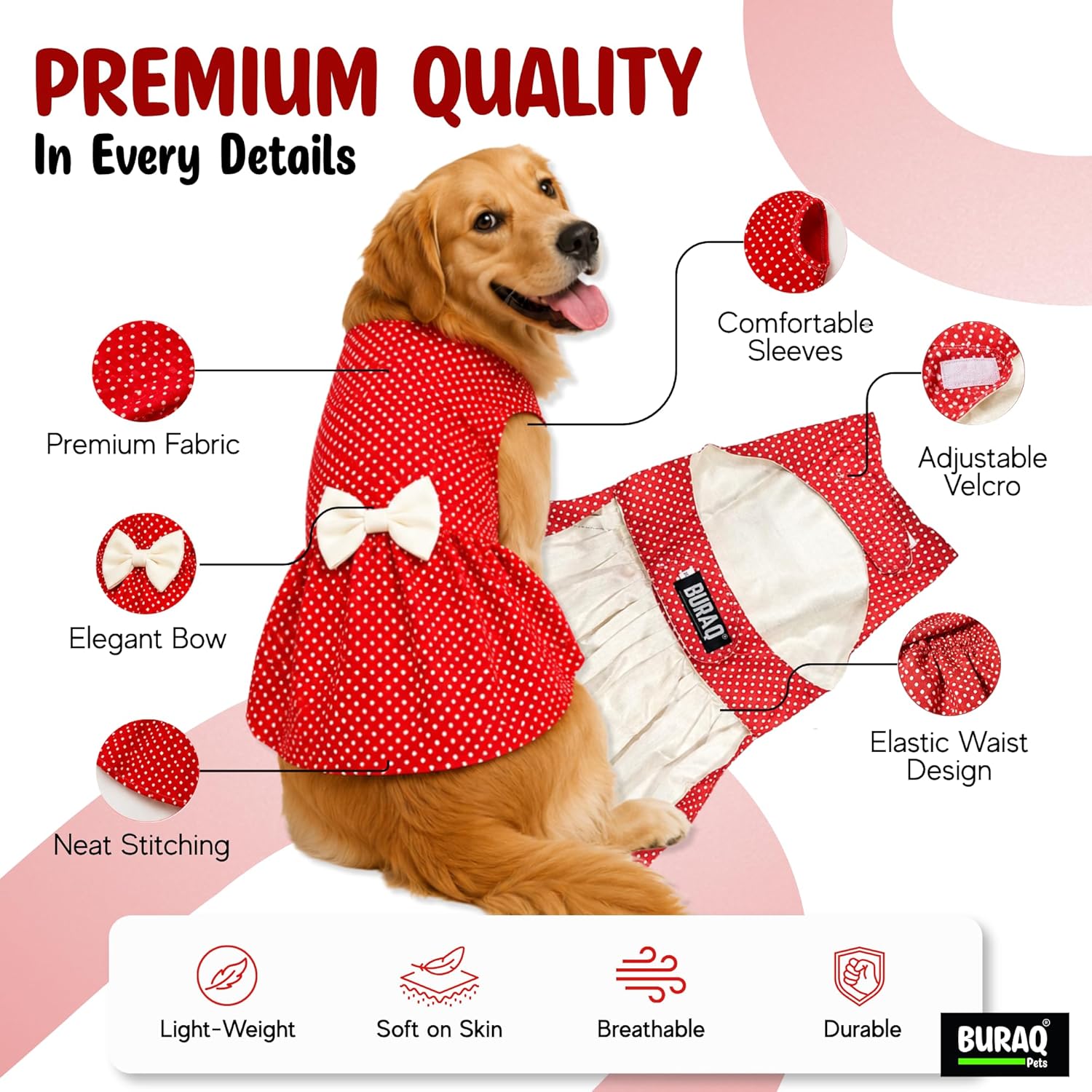 Polka Dot Pet Dress with Bow | Soft Cotton Velcro Fit for Dogs & Cats - BURAQ PETS