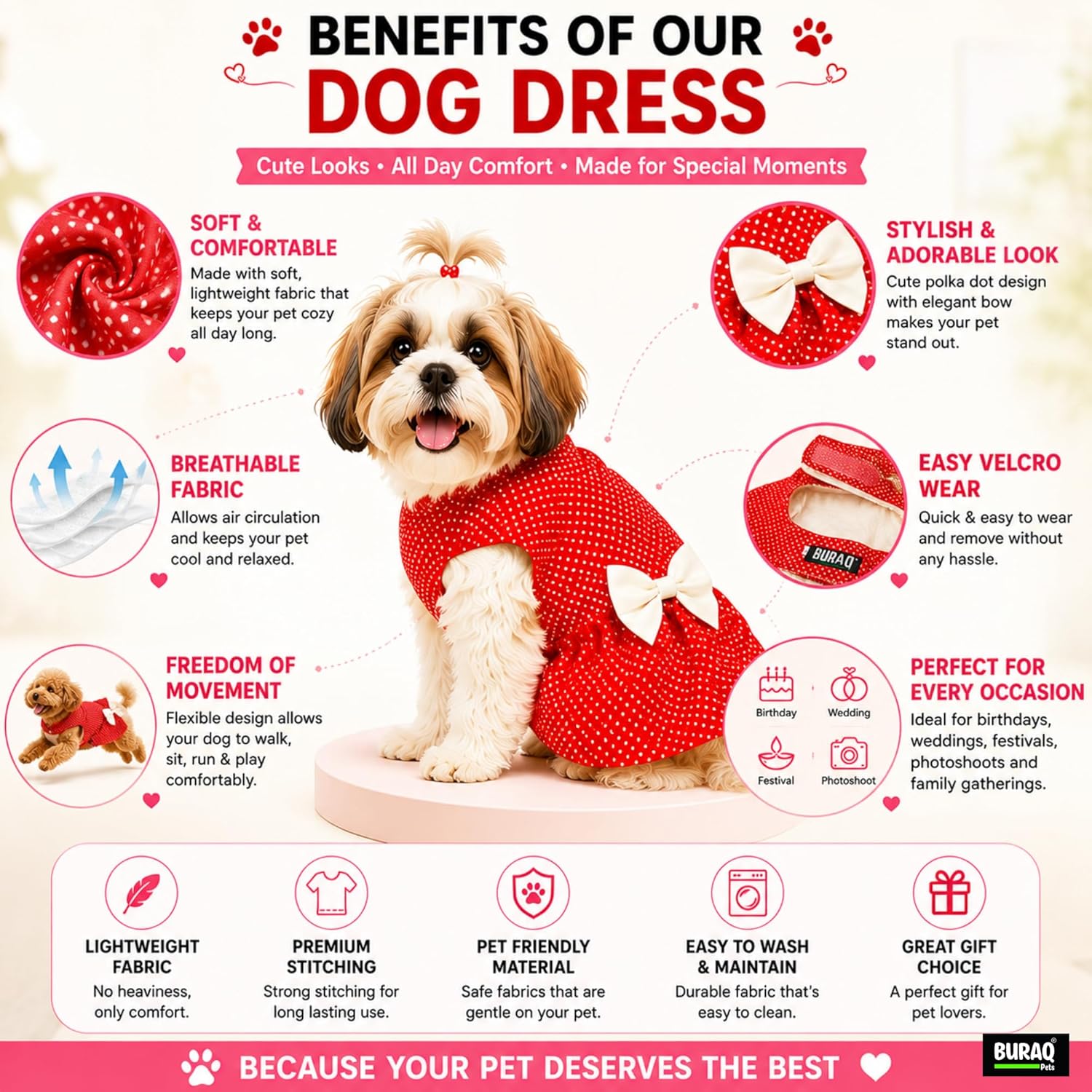 Polka Dot Pet Dress with Bow | Soft Cotton Velcro Fit for Dogs & Cats - BURAQ PETS