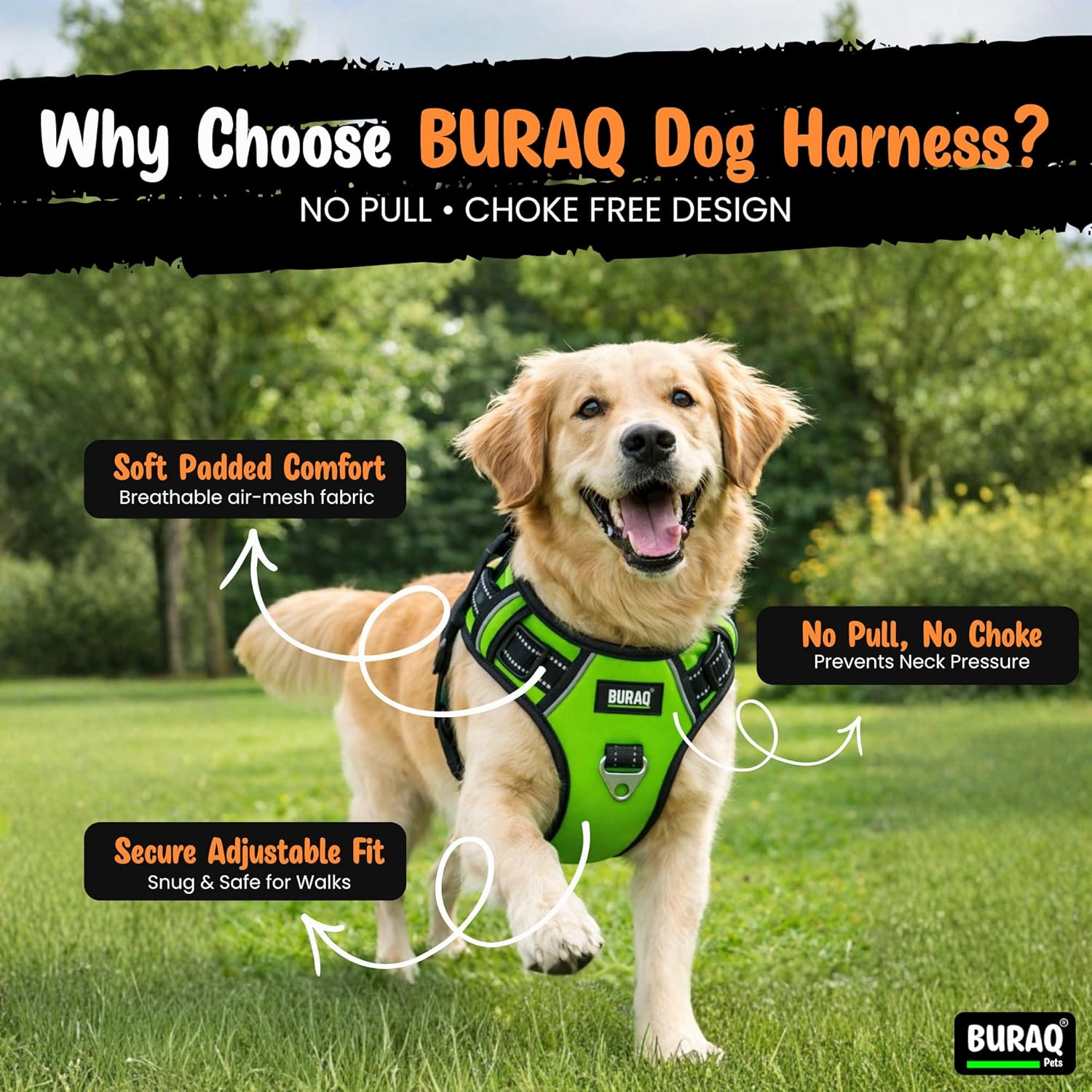 Premium No - Pull Dog Harness – Reflective & Soft - Padded Chest Belt - BURAQ PETS