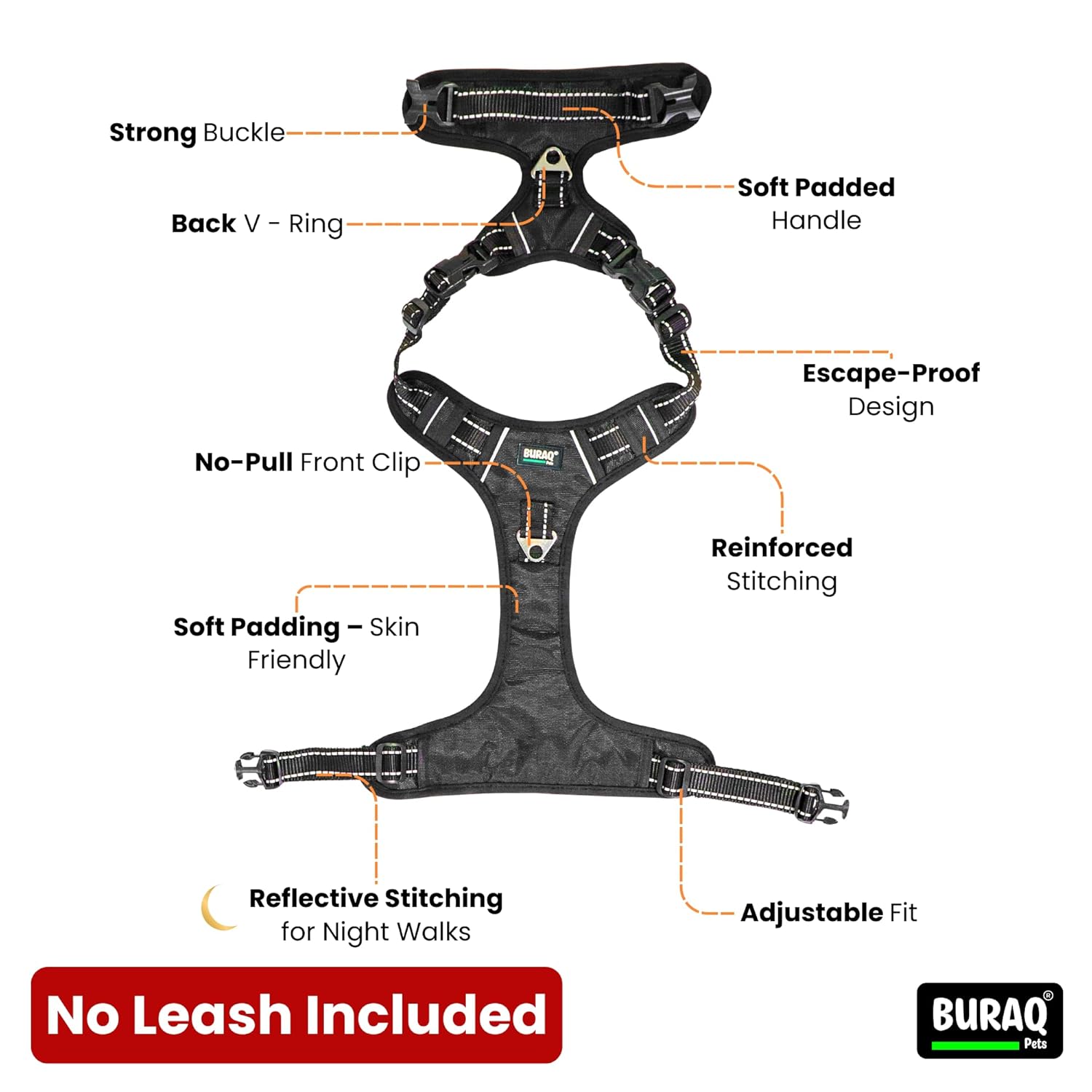 Premium No - Pull Dog Harness – Reflective & Soft - Padded Chest Belt - BURAQ PETS