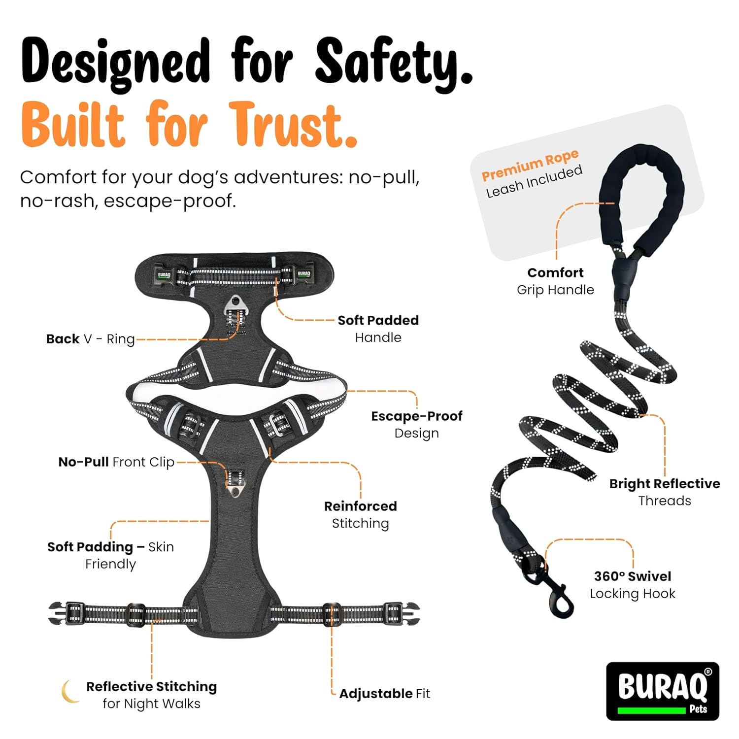 Premium No - Pull Dog Harness – Reflective & Soft - Padded Chest Belt - BURAQ PETS