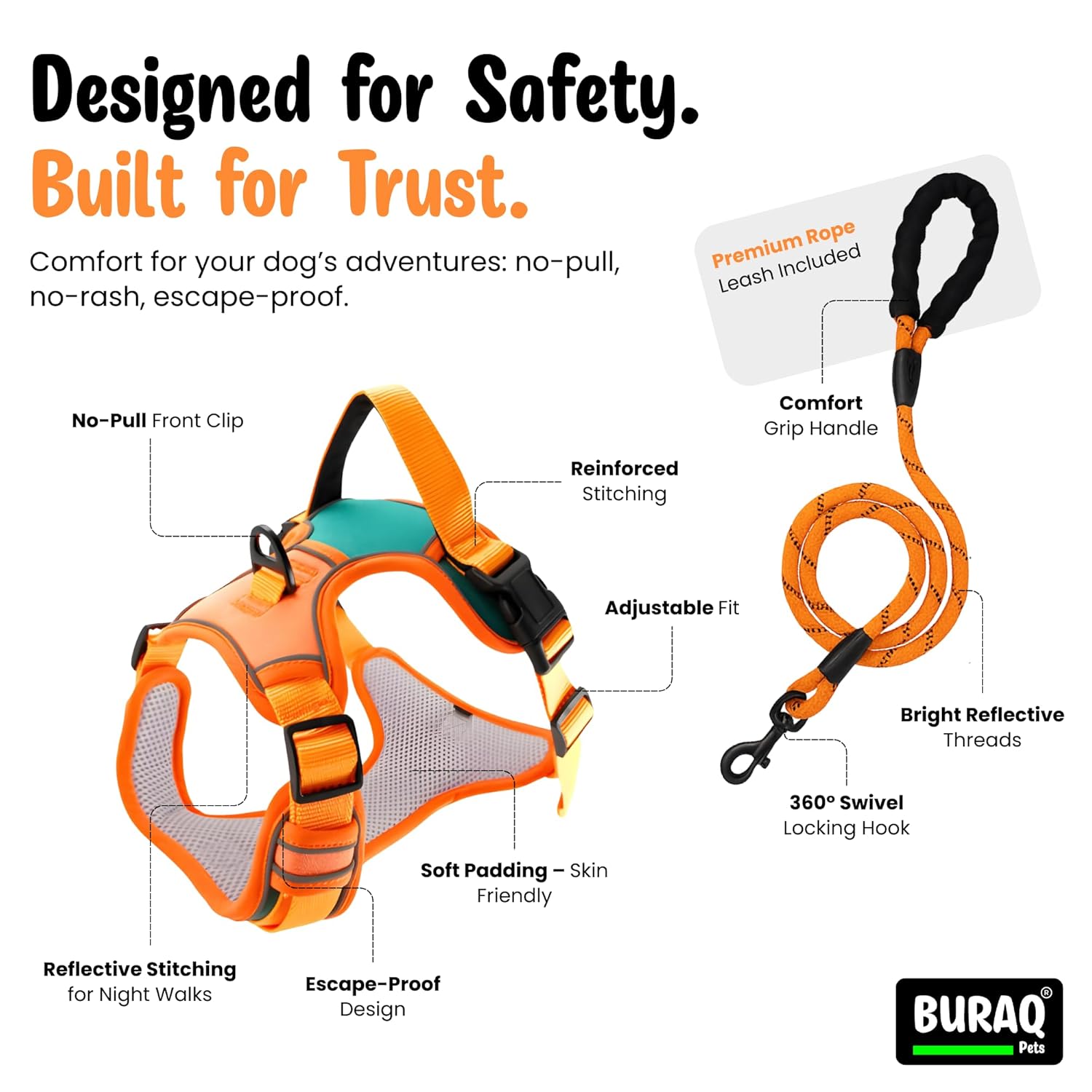 Premium No Pull Dog Harness with Leash - Adjustable Padded Vest - BURAQ PETS