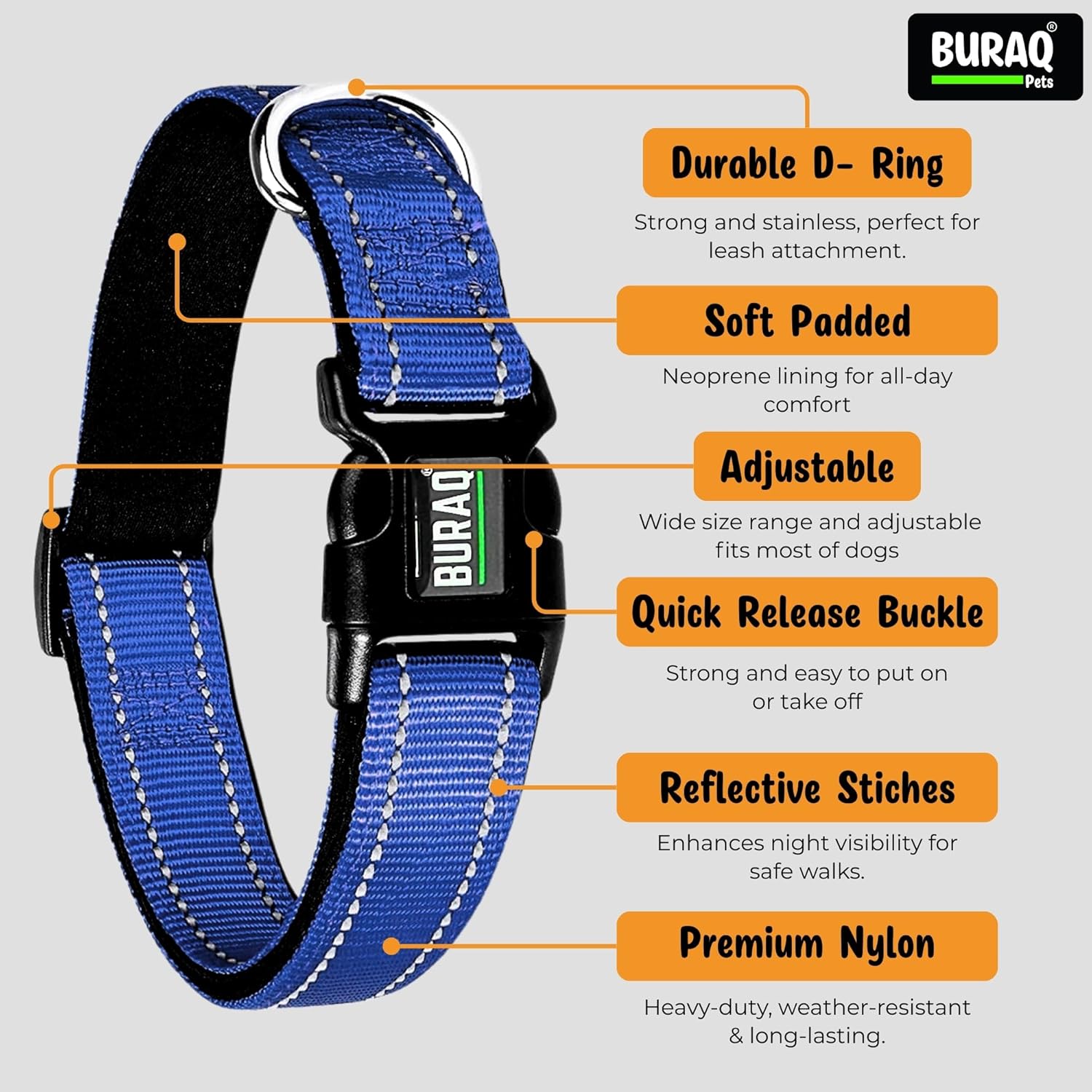 Premium Reflective Dog Collar Soft Padded, Nylon, Adjustable & Comfortable - BURAQ PETS
