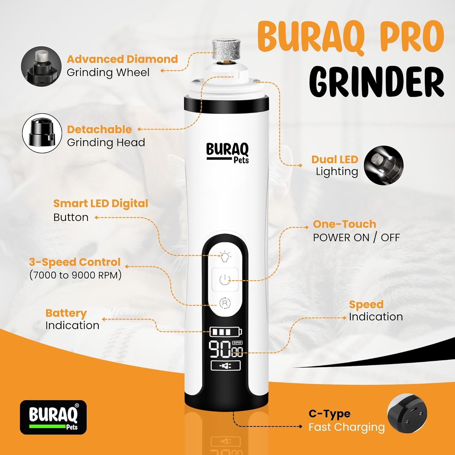 Smart LCD Pet Nail Grinder with LED - BURAQ PETS