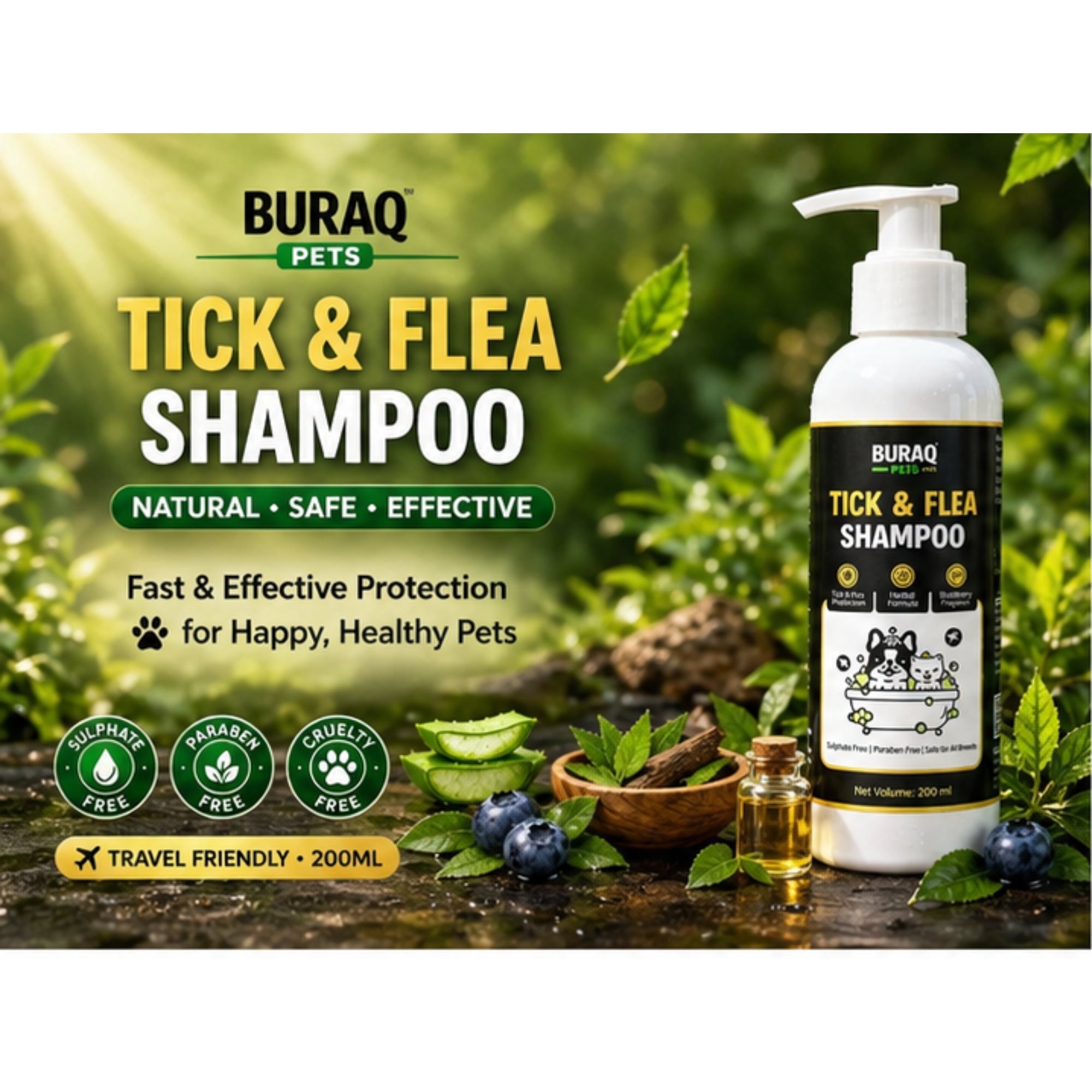 Tick & Flea Shampoo for Dogs & Cats, Neem & Aloe 200ml - BURAQ PETS