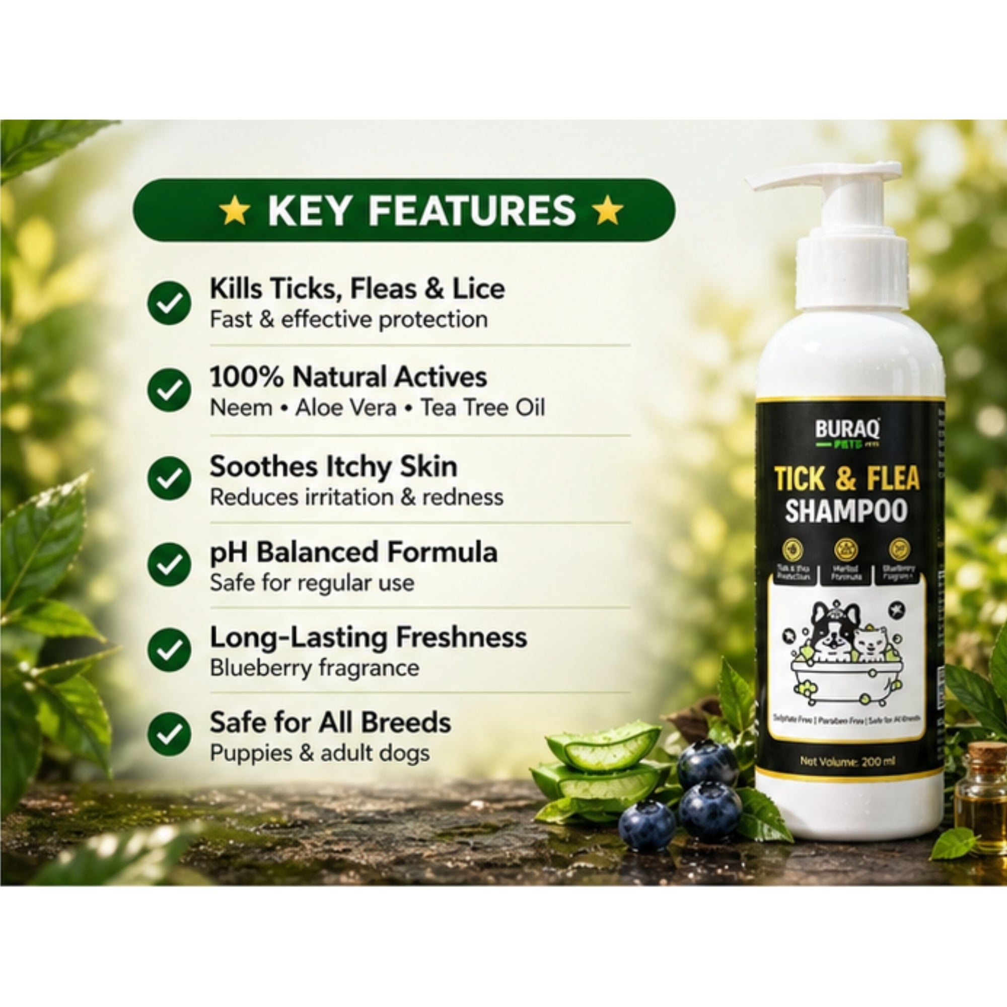 Tick & Flea Shampoo for Dogs & Cats, Neem & Aloe 200ml - BURAQ PETS
