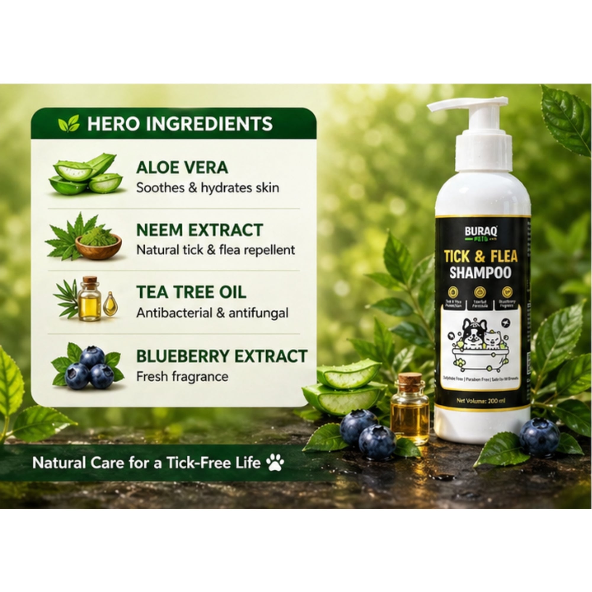 Tick & Flea Shampoo for Dogs & Cats, Neem & Aloe 200ml - BURAQ PETS