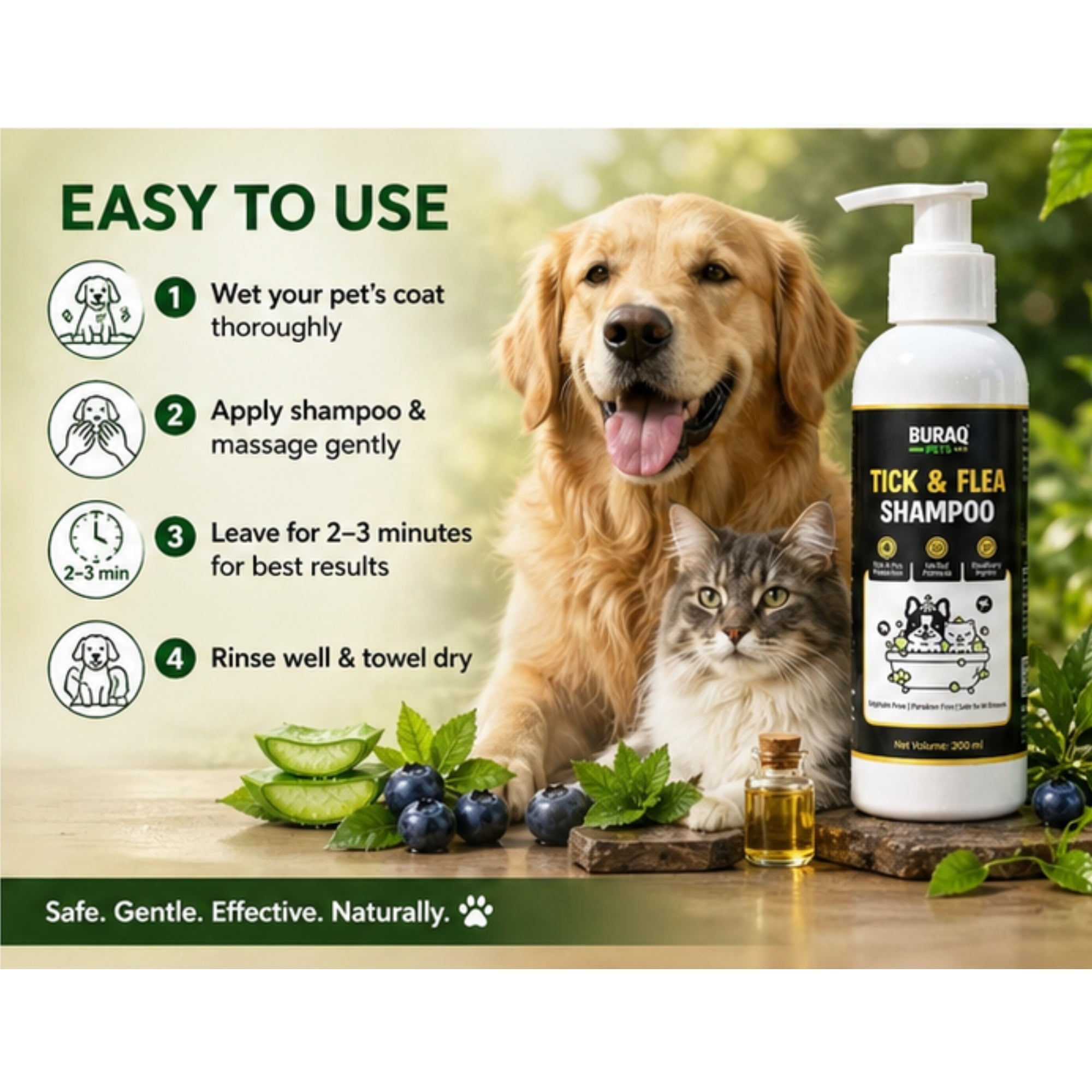 Tick & Flea Shampoo for Dogs & Cats, Neem & Aloe 200ml - BURAQ PETS
