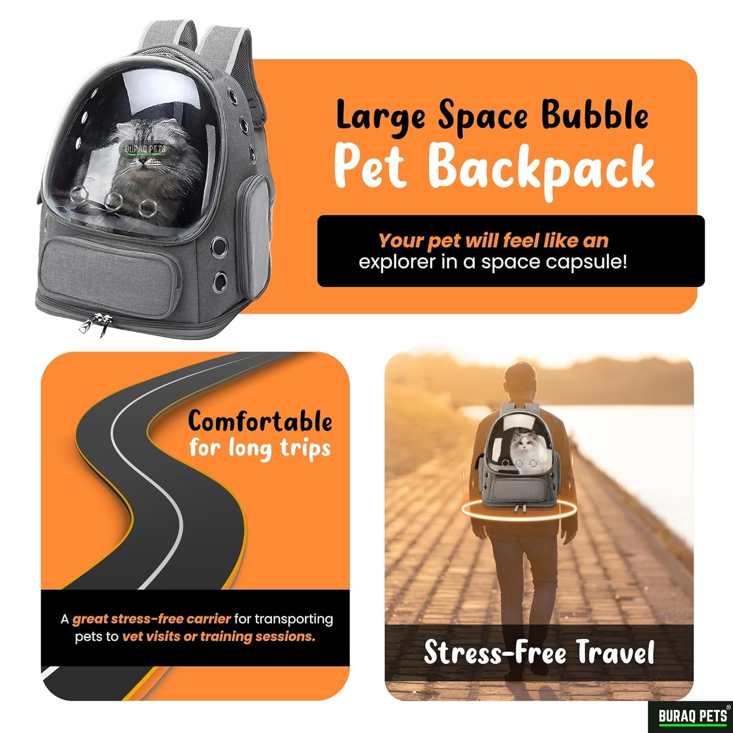 Transparent Cat Carrier Backpack – Bubble Window, Spacious & Ventilated Design (Grey) - BURAQ PETS