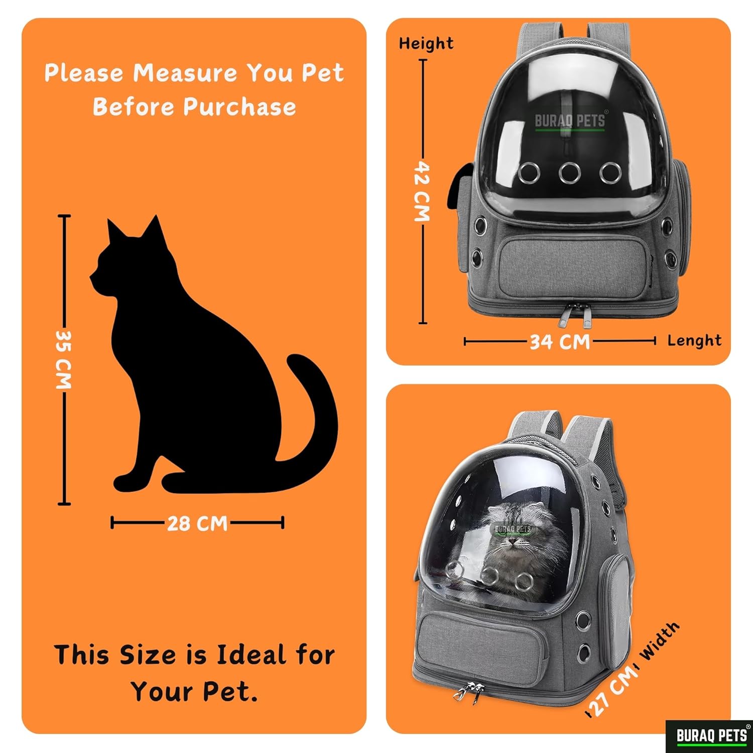 Transparent Cat Carrier Backpack – Bubble Window, Spacious & Ventilated Design (Grey) - BURAQ PETS