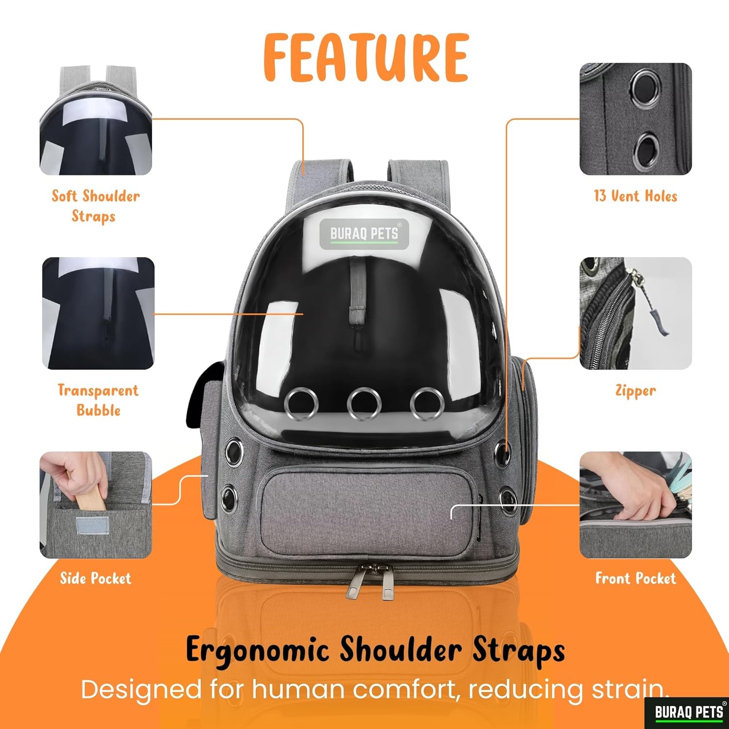 Transparent Cat Carrier Backpack – Bubble Window, Spacious & Ventilated Design (Grey) - BURAQ PETS