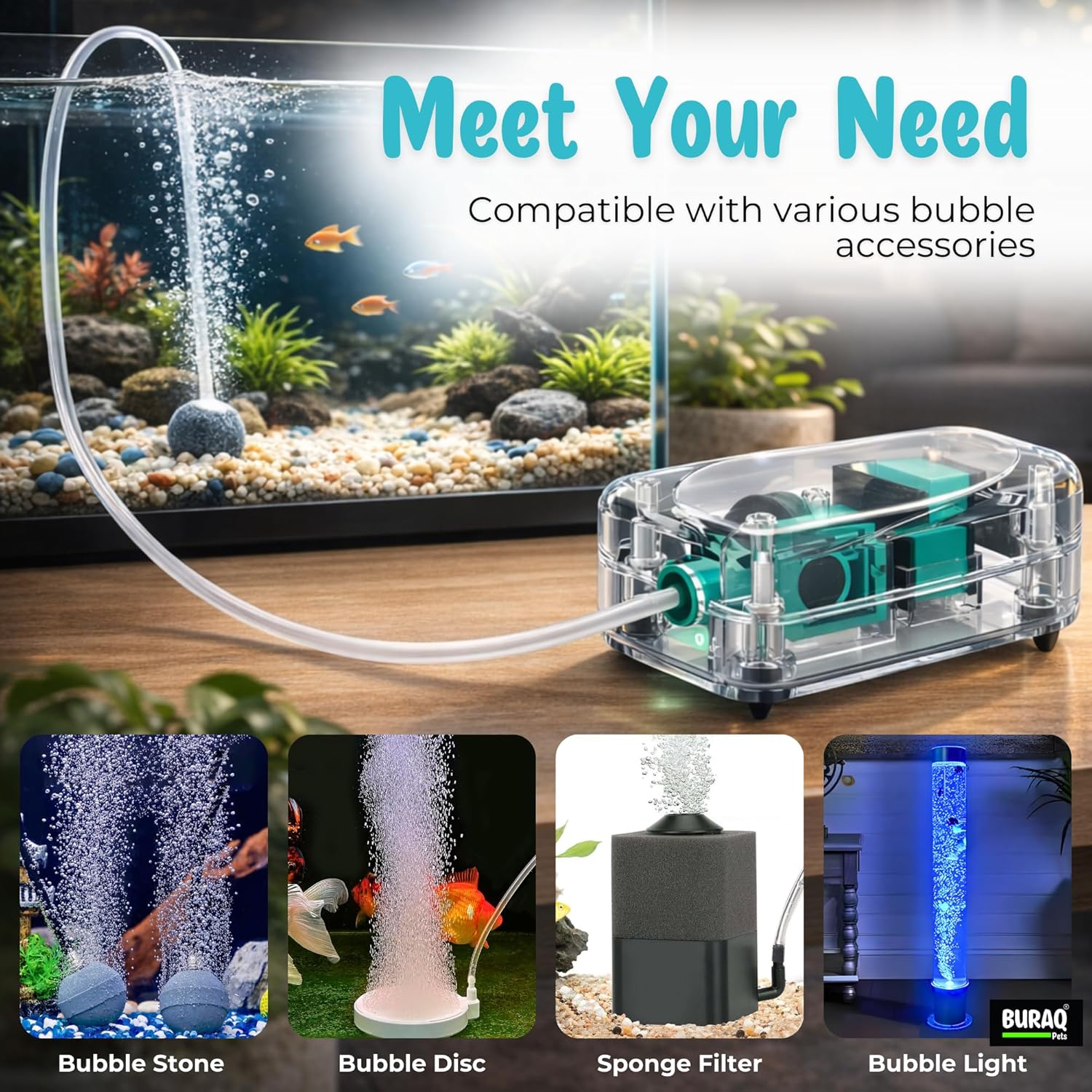 Ultra Silent Aquarium Air Pump 1 Way with Adjustable Airflow & Tube for Small Fish Tanks With 1M Tube & 1 Air Stones – premium pet product by Buraq Pets