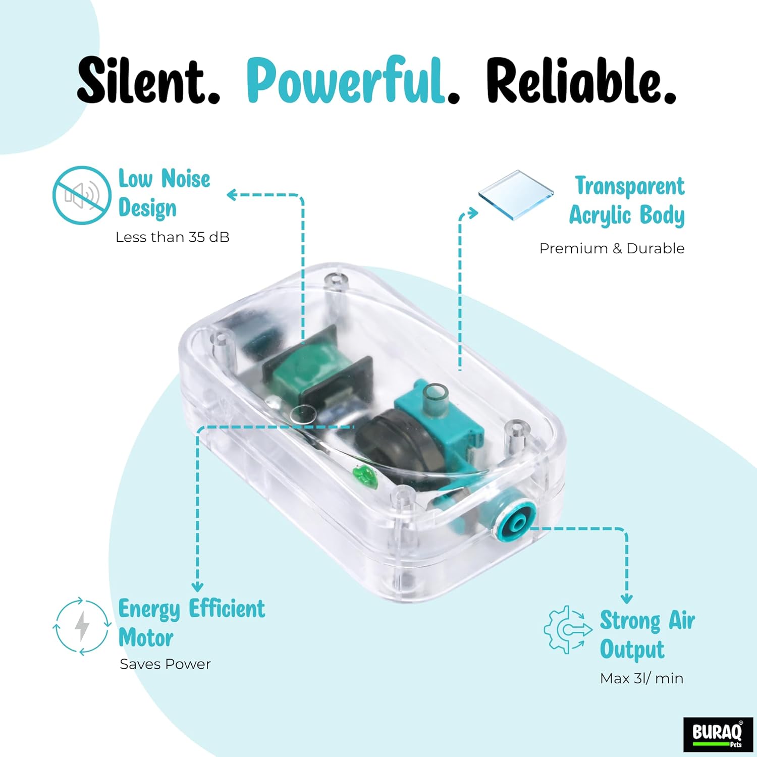 Ultra Silent Aquarium Air Pump 1 Way with Adjustable Airflow & Tube for Small Fish Tanks With 1M Tube & 1 Air Stones - BURAQ PETS