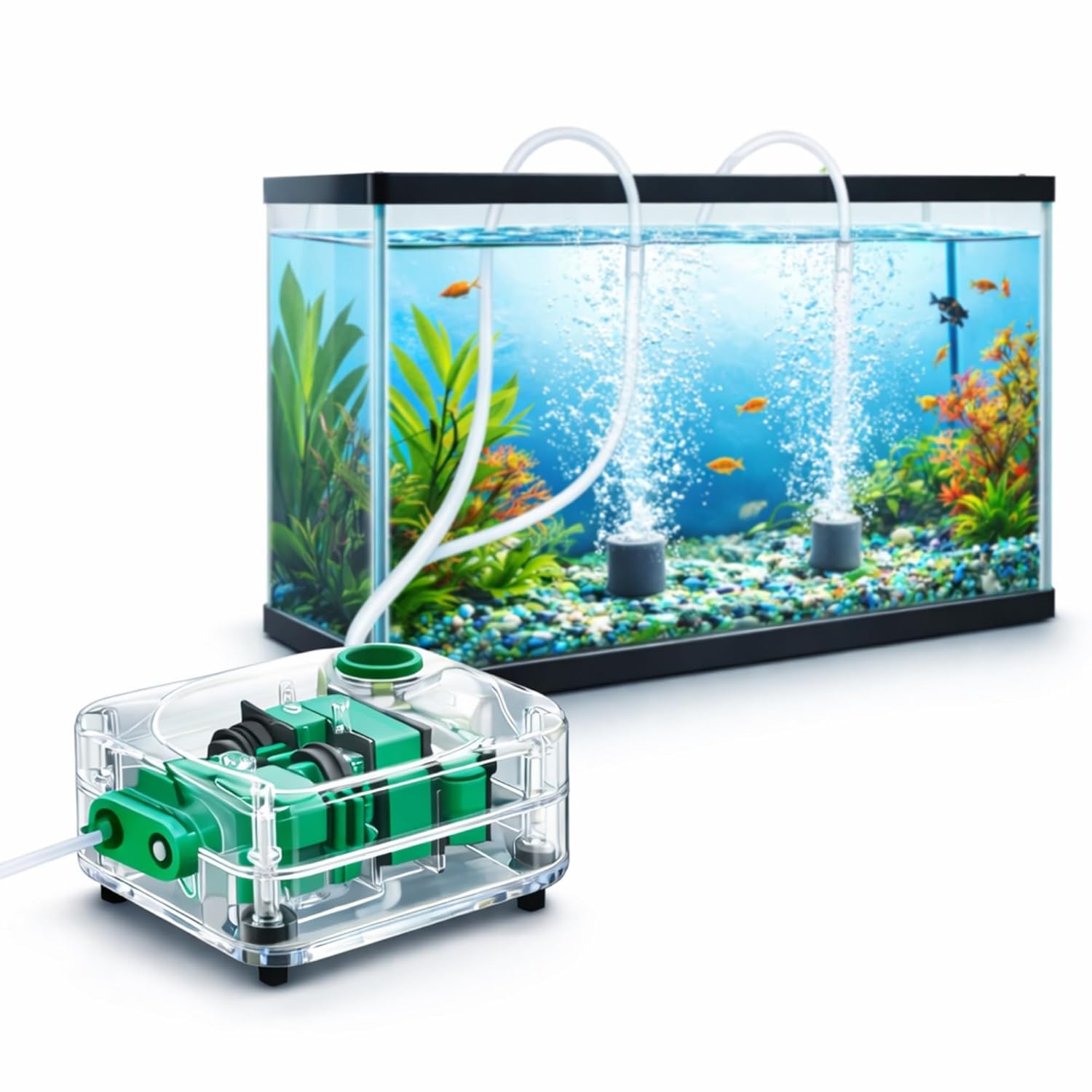 Ultra Silent Aquarium Air Pump 2 Way Dual Outlet with Adjustable Airflow for Fish Tanks 2M Tube & 2 Air Stones - BURAQ PETS